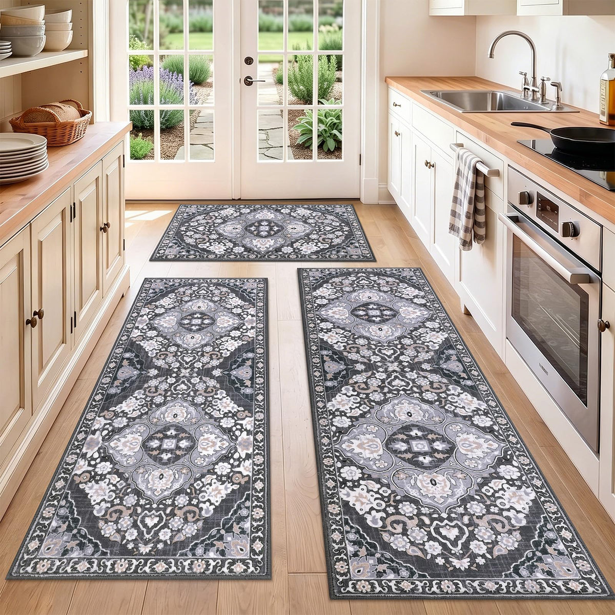 HEBE Boho Kitchen Rugs Set of 3, Non Slip Washable Kitchen Mats for Floor