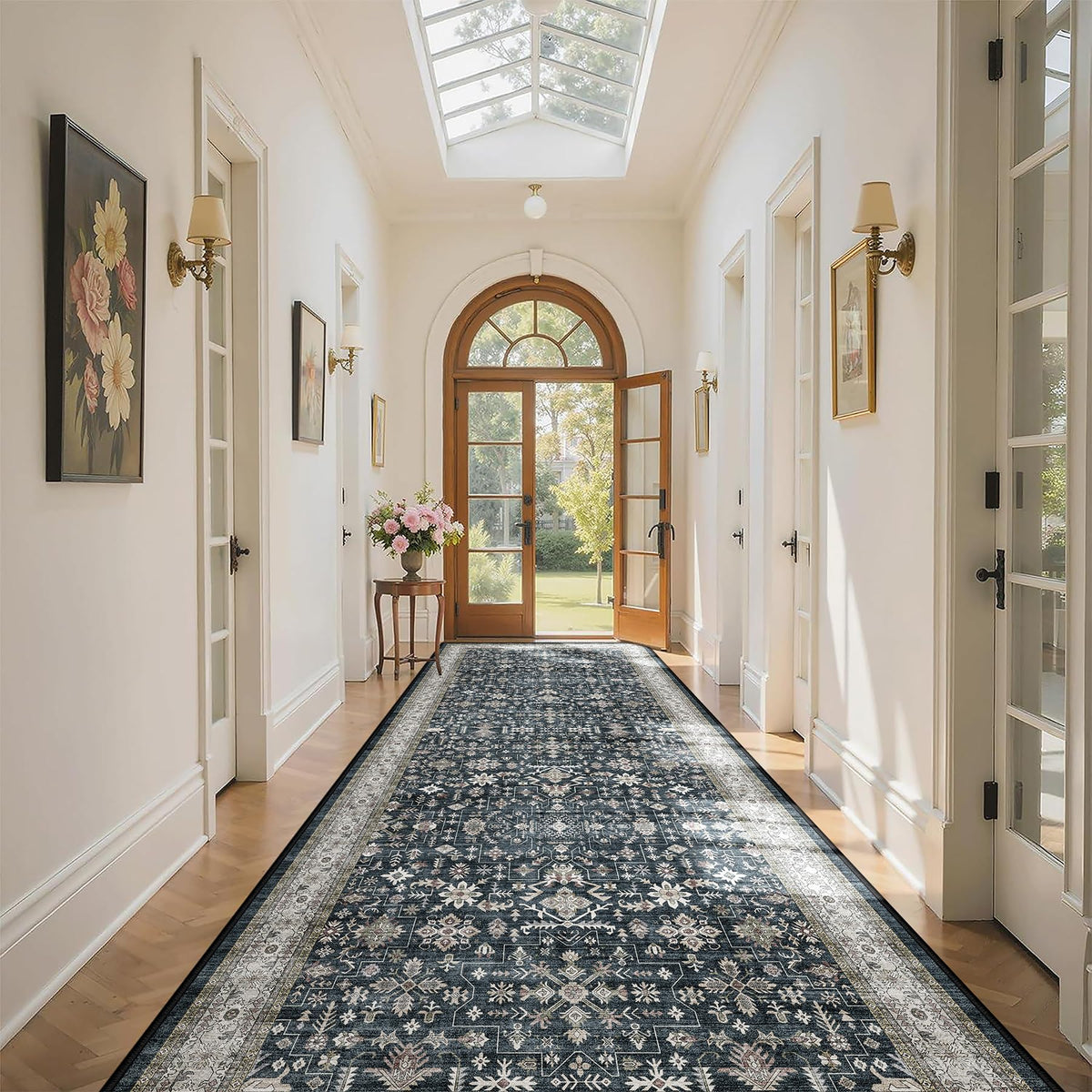 Washable Runner Rug 2x6 Beige Floral, Non Slip for Hallway, Kitchen