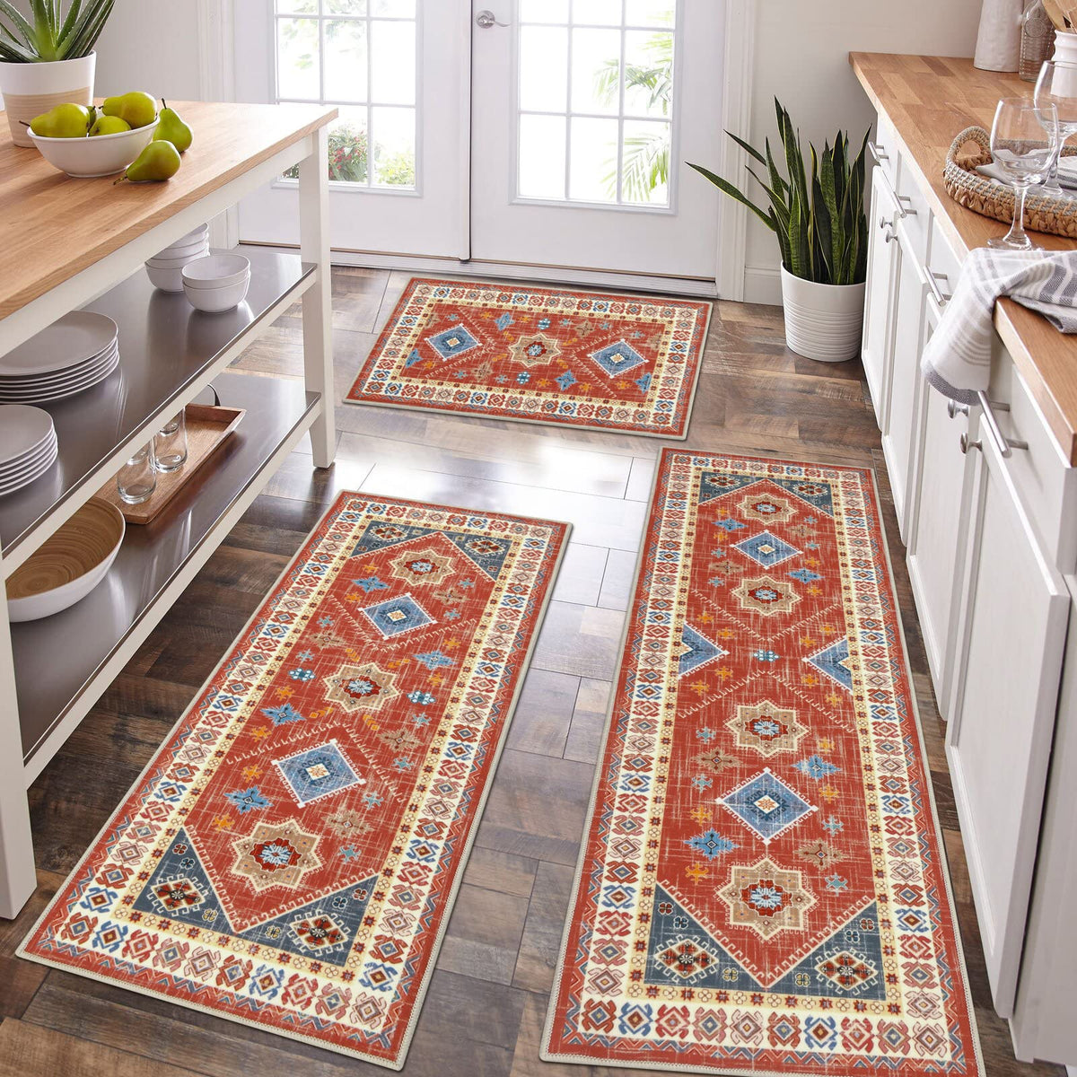 HEBE Boho Kitchen Rugs Set of 3, Non Slip Washable Kitchen Mats for Floor