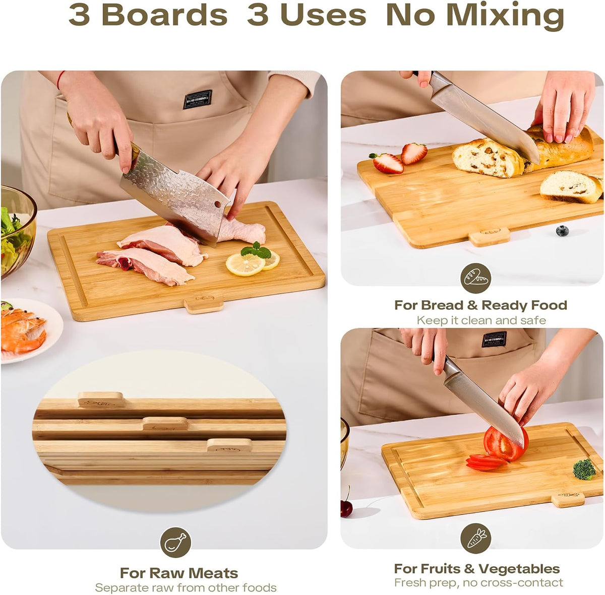 Bamboo Cutting Boards for Kitchen, Wooden Set of 3 with Holder