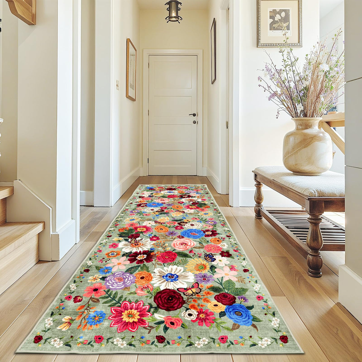 Washable Runner Rug 2x6 Beige Floral, Non Slip for Hallway, Kitchen
