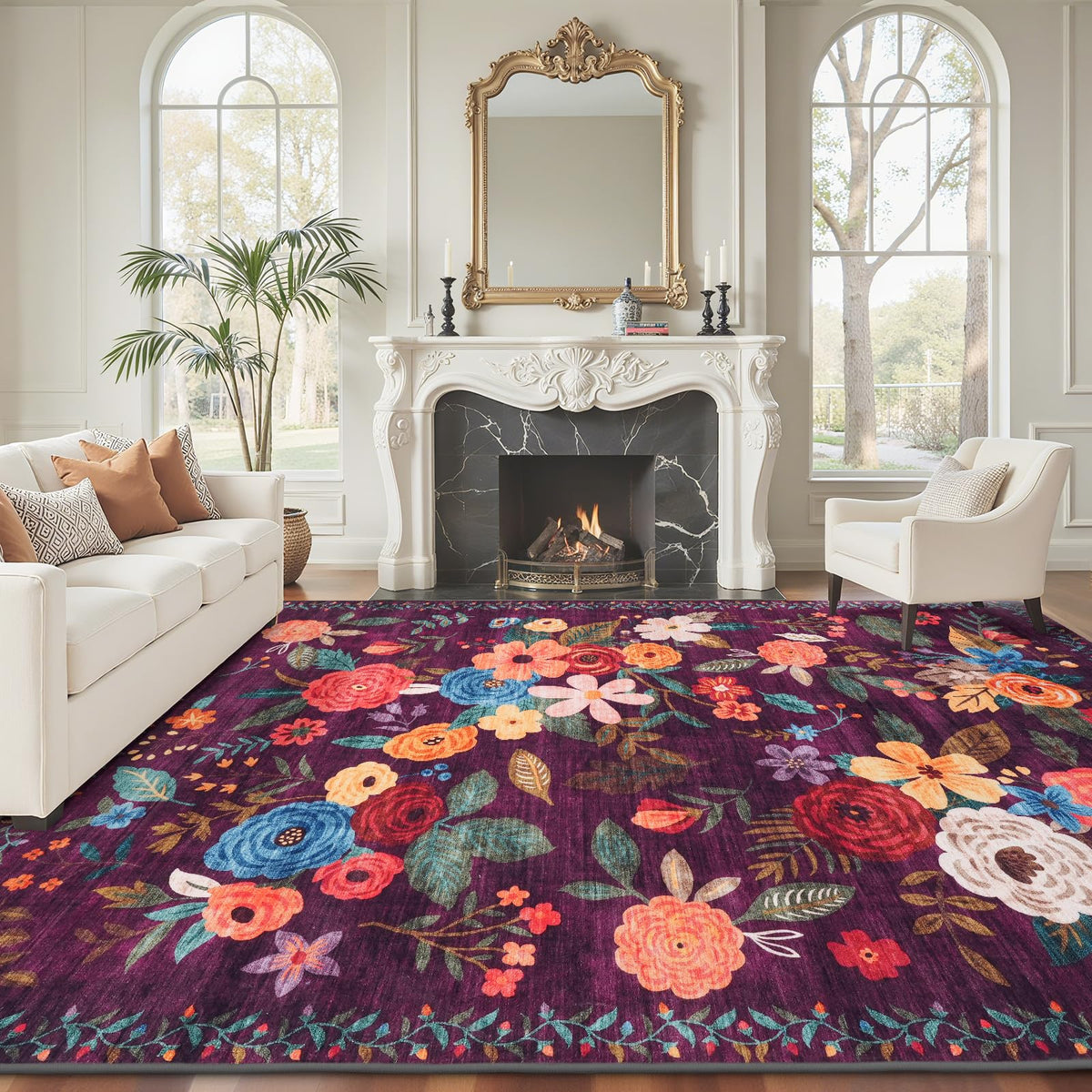 Washable Runner Rug 2x6 Beige Floral, Non Slip for Hallway, Kitchen