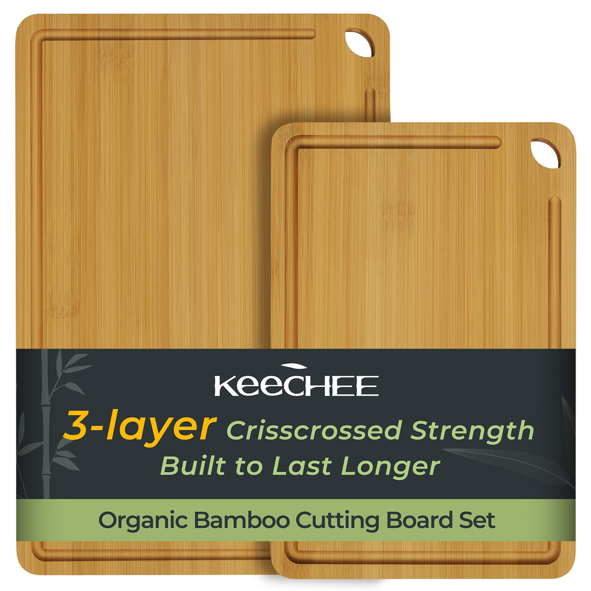 Keechee Butcher Block 2-Pcs Carbonized Bamboo Cutting Board Set With Non-Slip Design For Meal Prep & Cheese Serving(2Pcs)