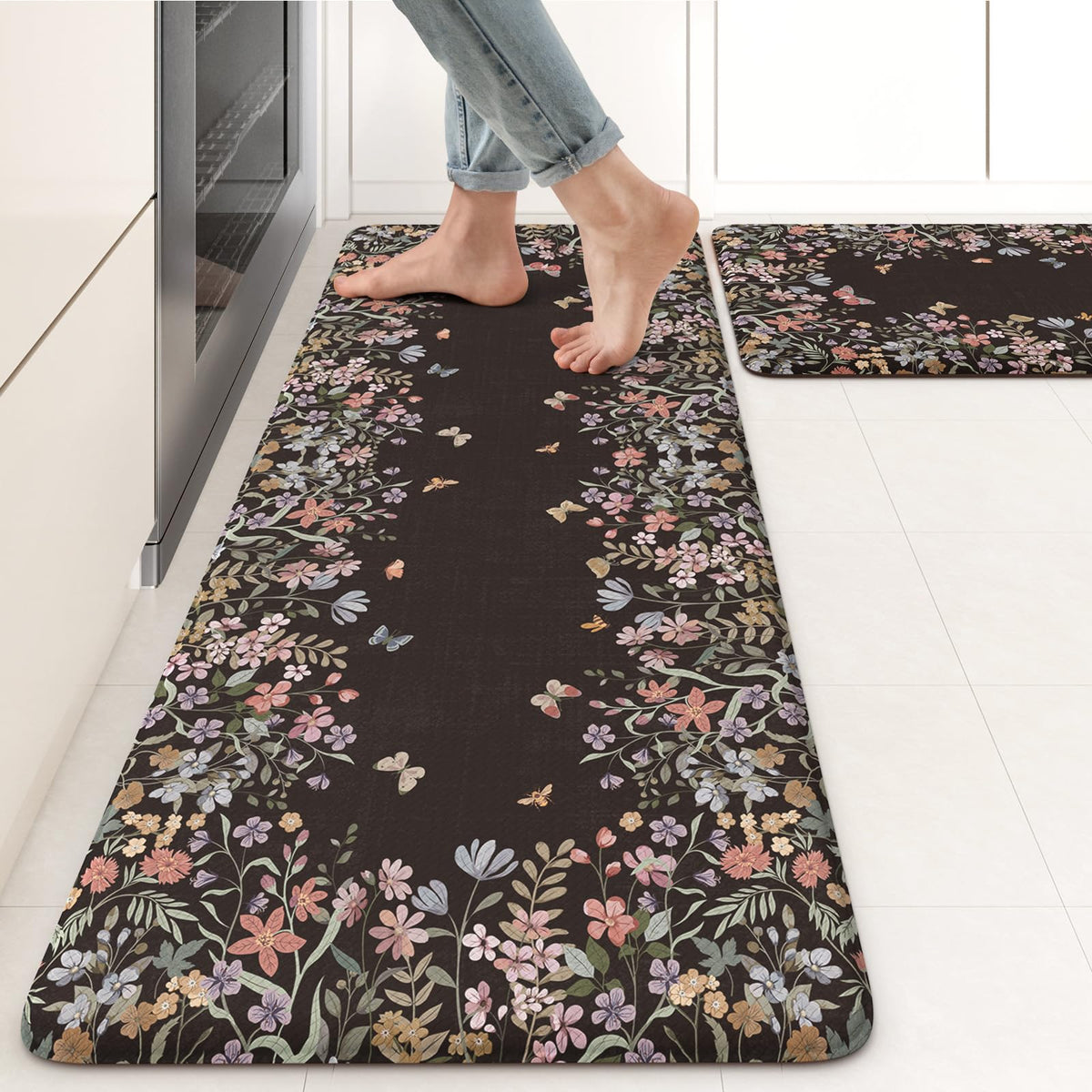 KIMODE Anti Fatigue Kitchen Mats for Floor, Boho Floral Kitchen Rugs Sets