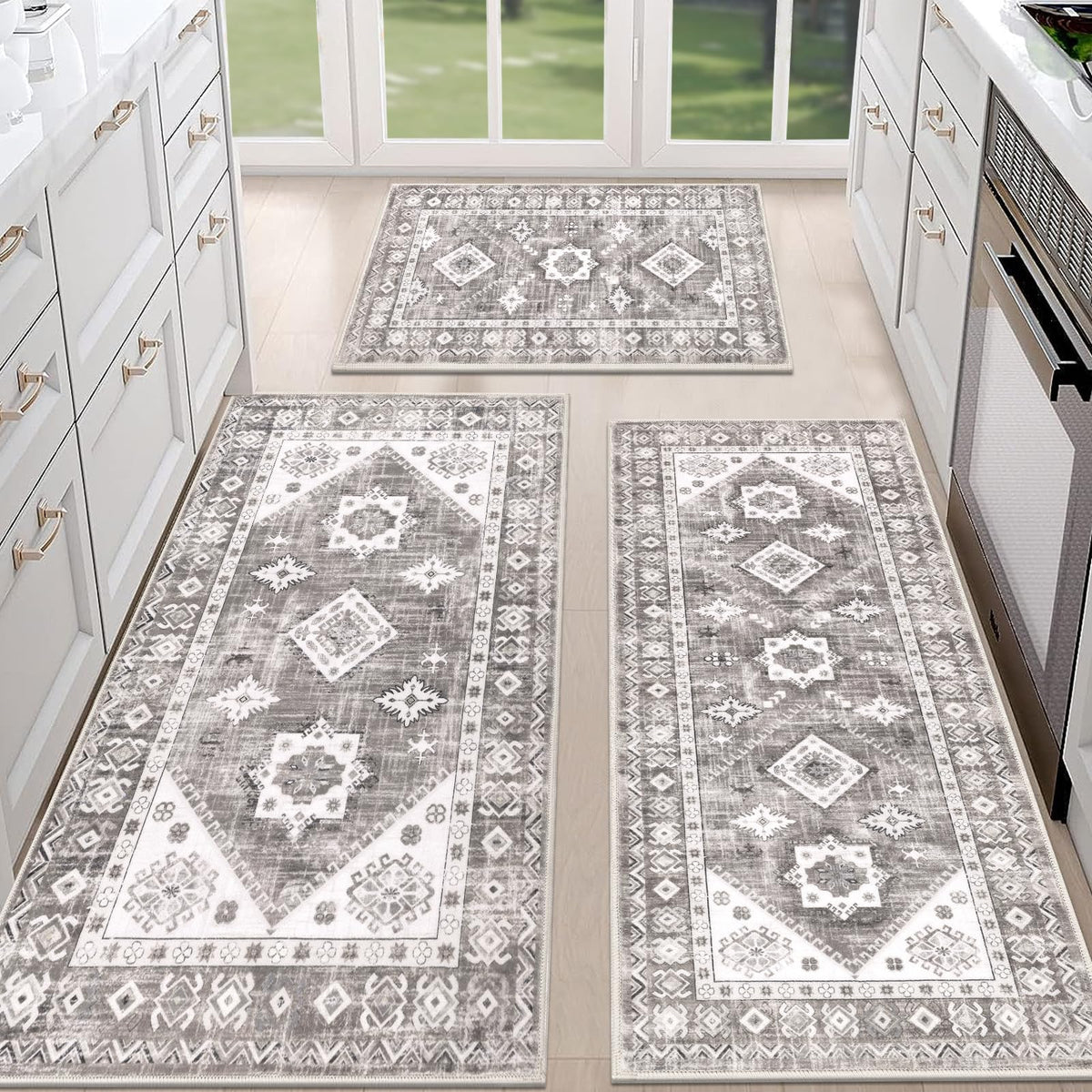 HEBE Boho Kitchen Rugs Set of 3, Non Slip Washable Kitchen Mats for Floor