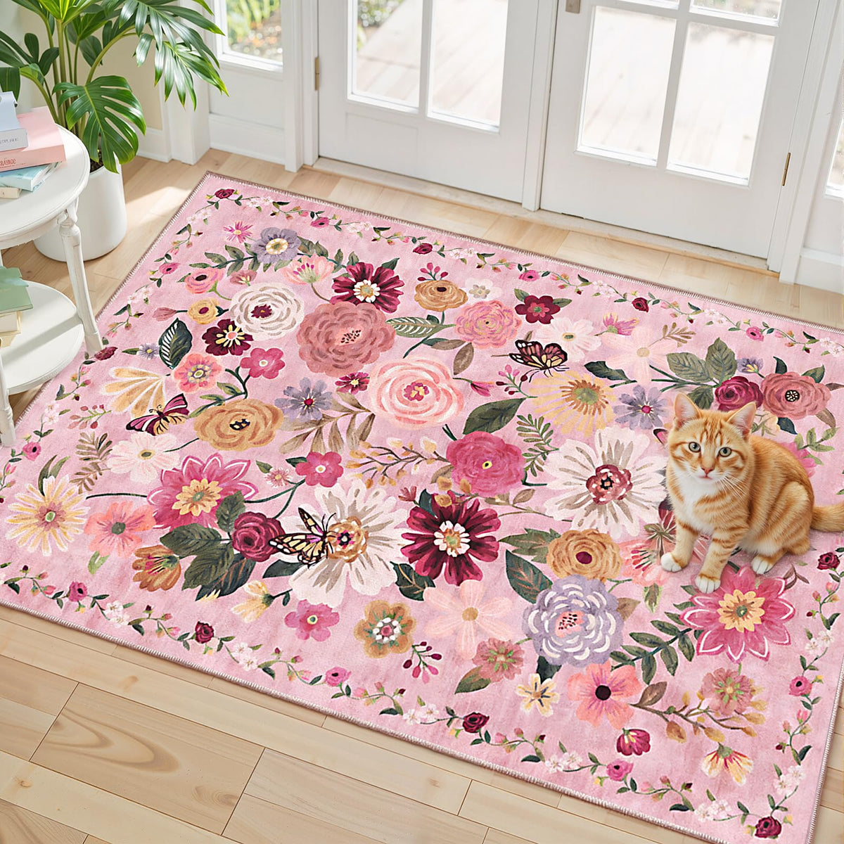 Washable Runner Rug 2x6 Beige Floral, Non Slip for Hallway, Kitchen
