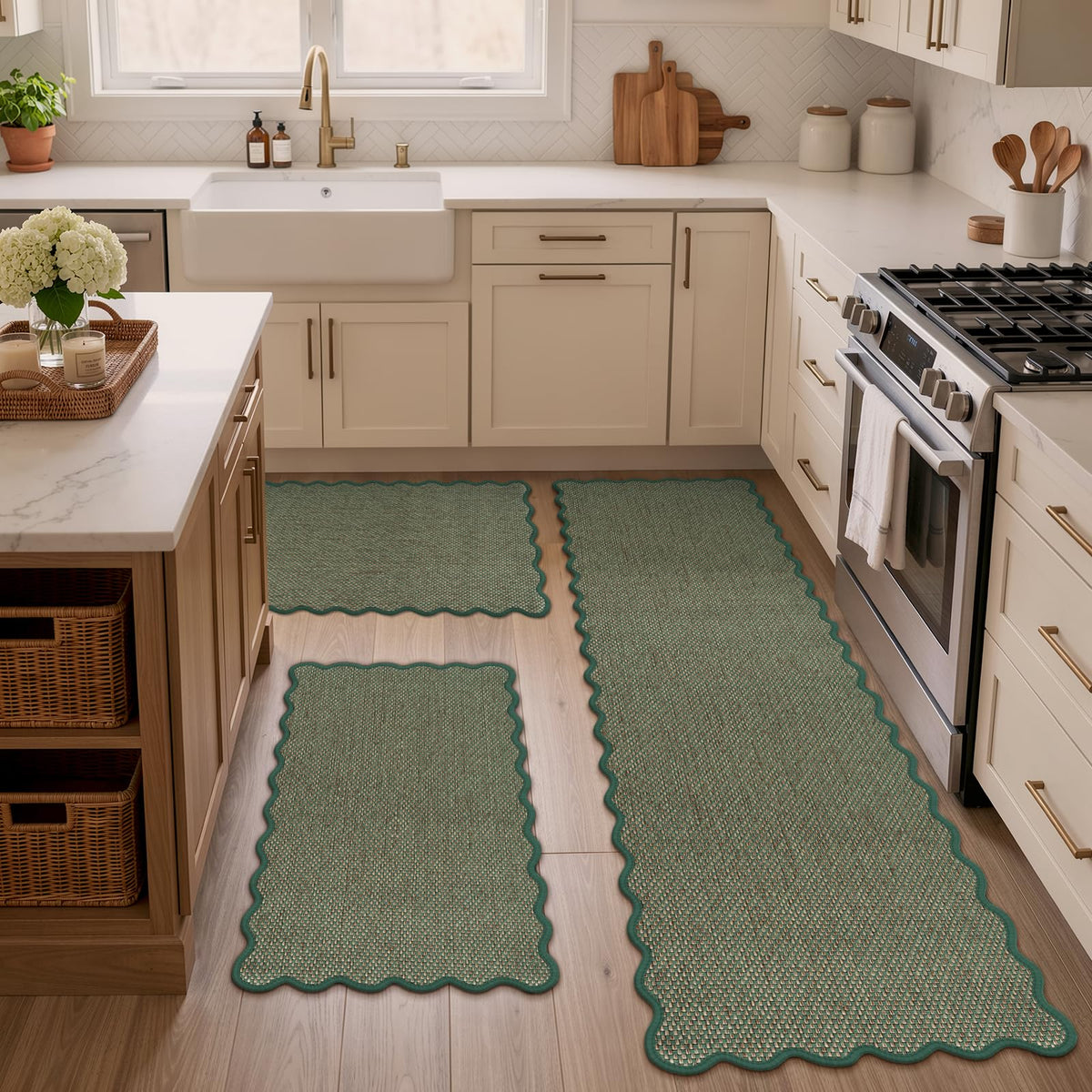 KIMODE Kitchen Rugs and Mats Set of 2 Scalloped Kitchen Mats for Floor