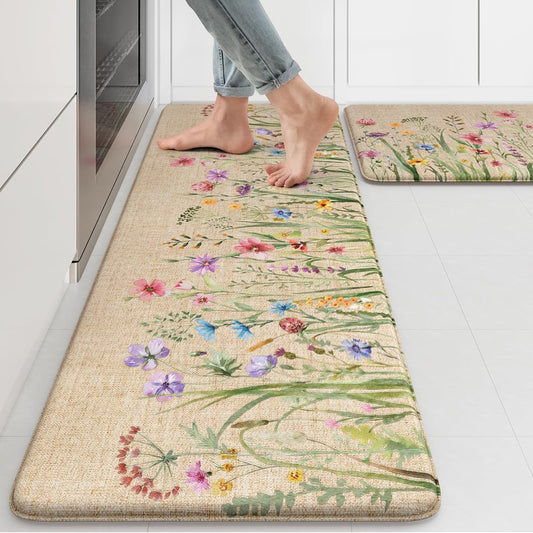 KIMODE Anti Fatigue Kitchen Mats, Farmhouse Floral Kitchen Rugs Sets of 2