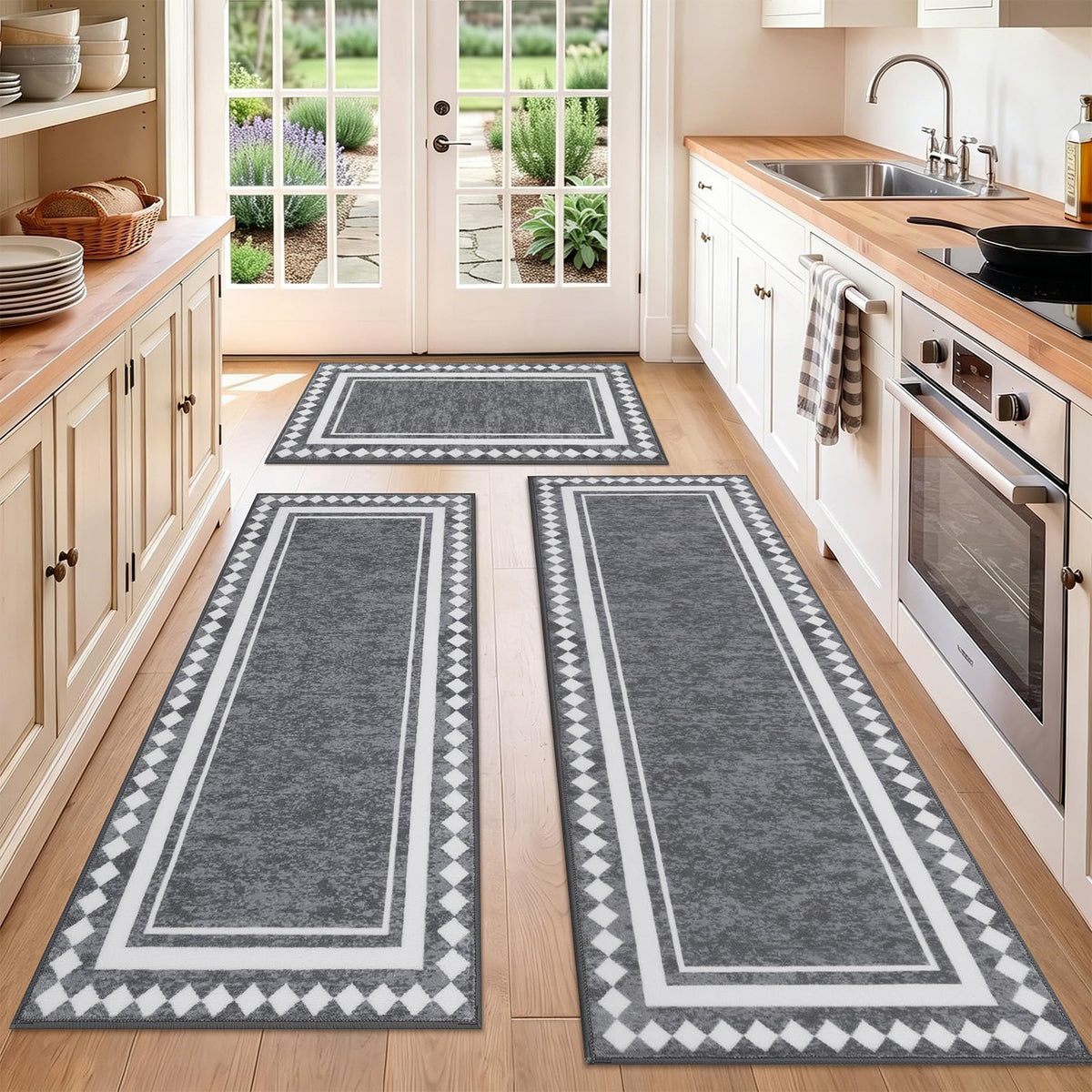 HEBE Boho Kitchen Rugs Set of 3, Non Slip Washable Kitchen Mats for Floor