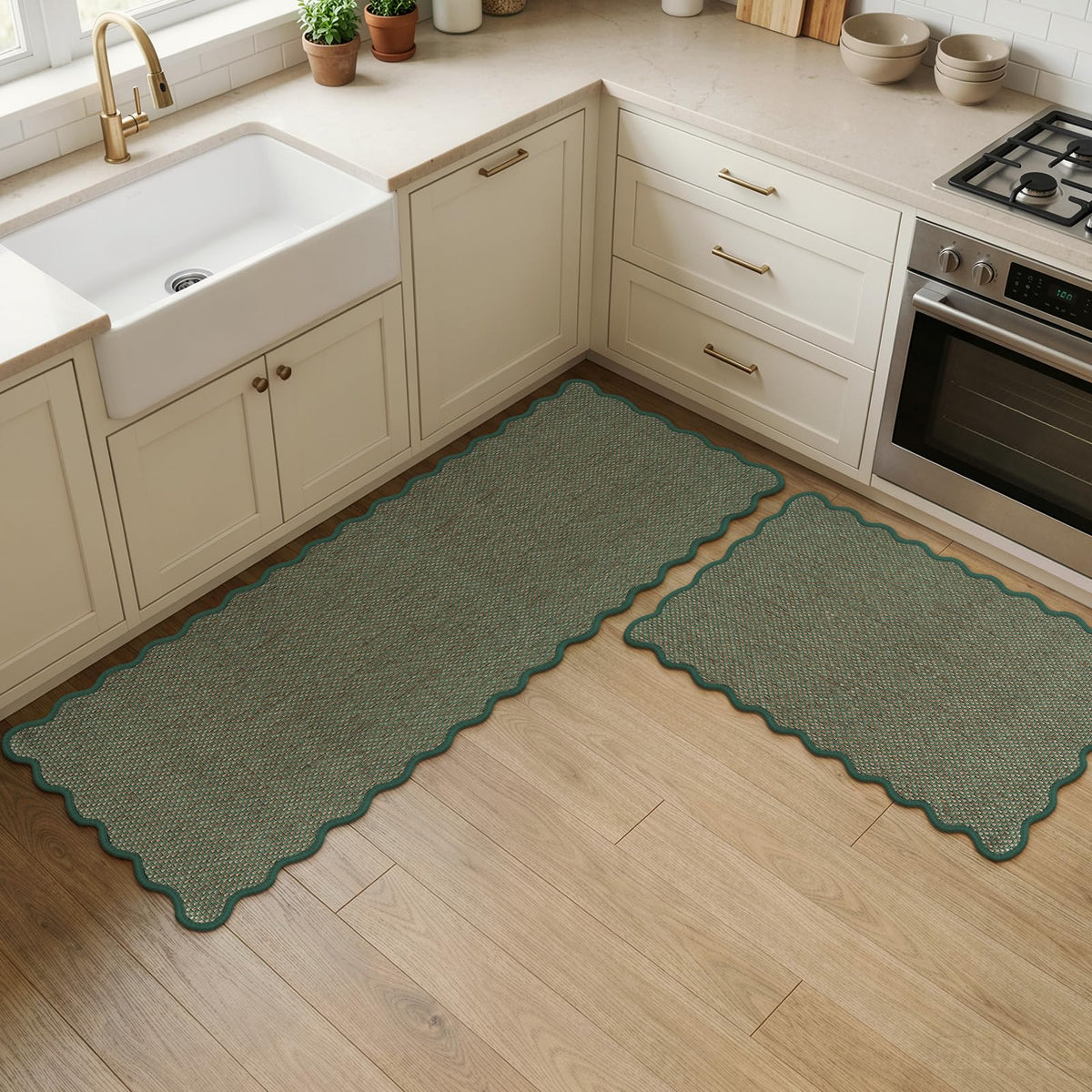 KIMODE Kitchen Rugs and Mats Set of 2 Scalloped Kitchen Mats for Floor