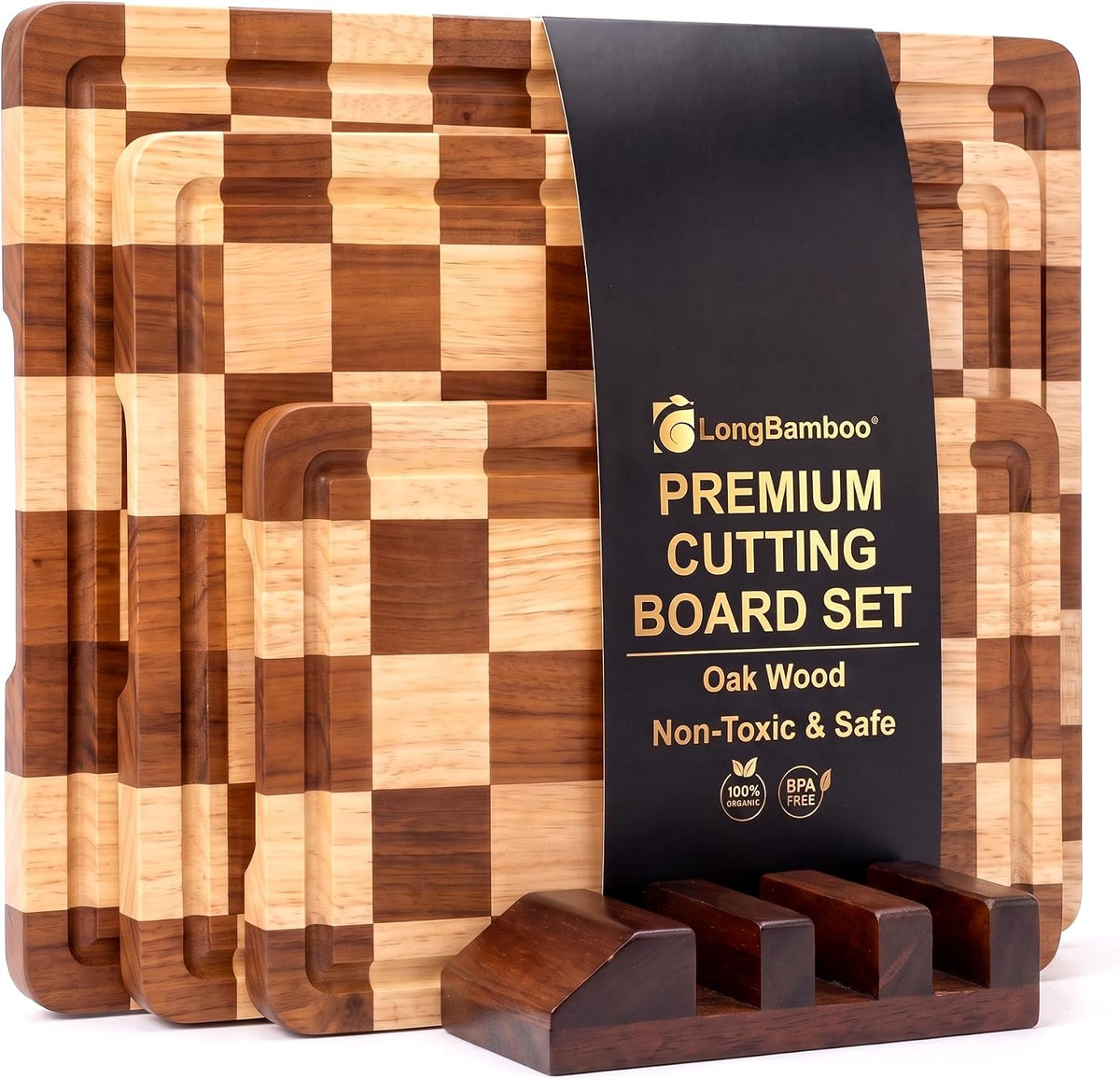 Checkered Oak Wood Cutting Board Set of 3, Cutting Boards for Kitchen