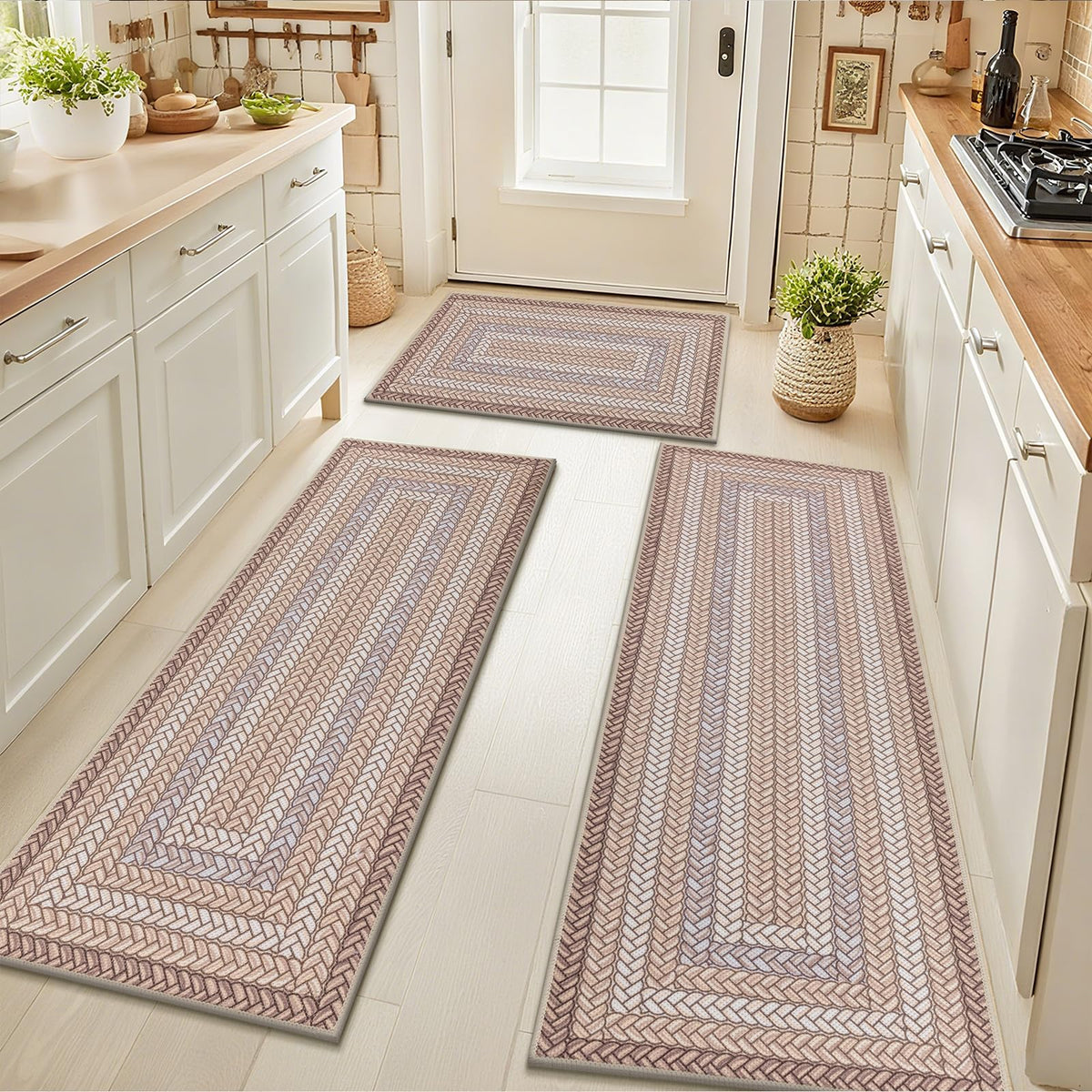 HEBE Faux Jute Kitchen Rugs Set of 3, Washable Kitchen Mats for Floor