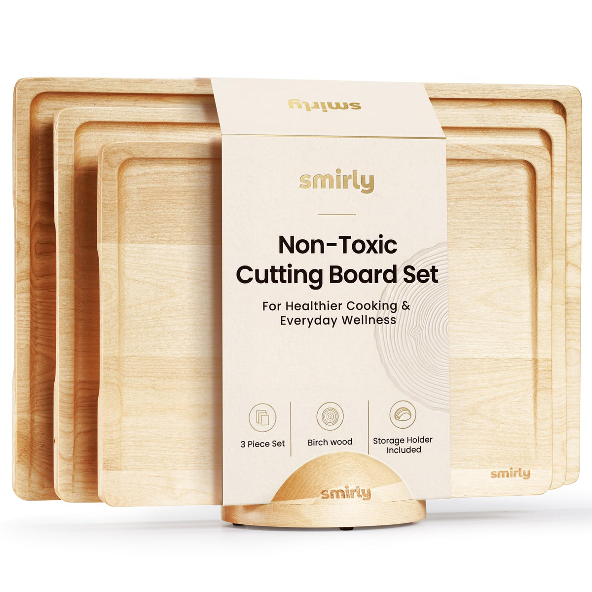 SMIRLY Cutting Boards for Kitchen, 3 Piece Bamboo Cutting Board with Stand