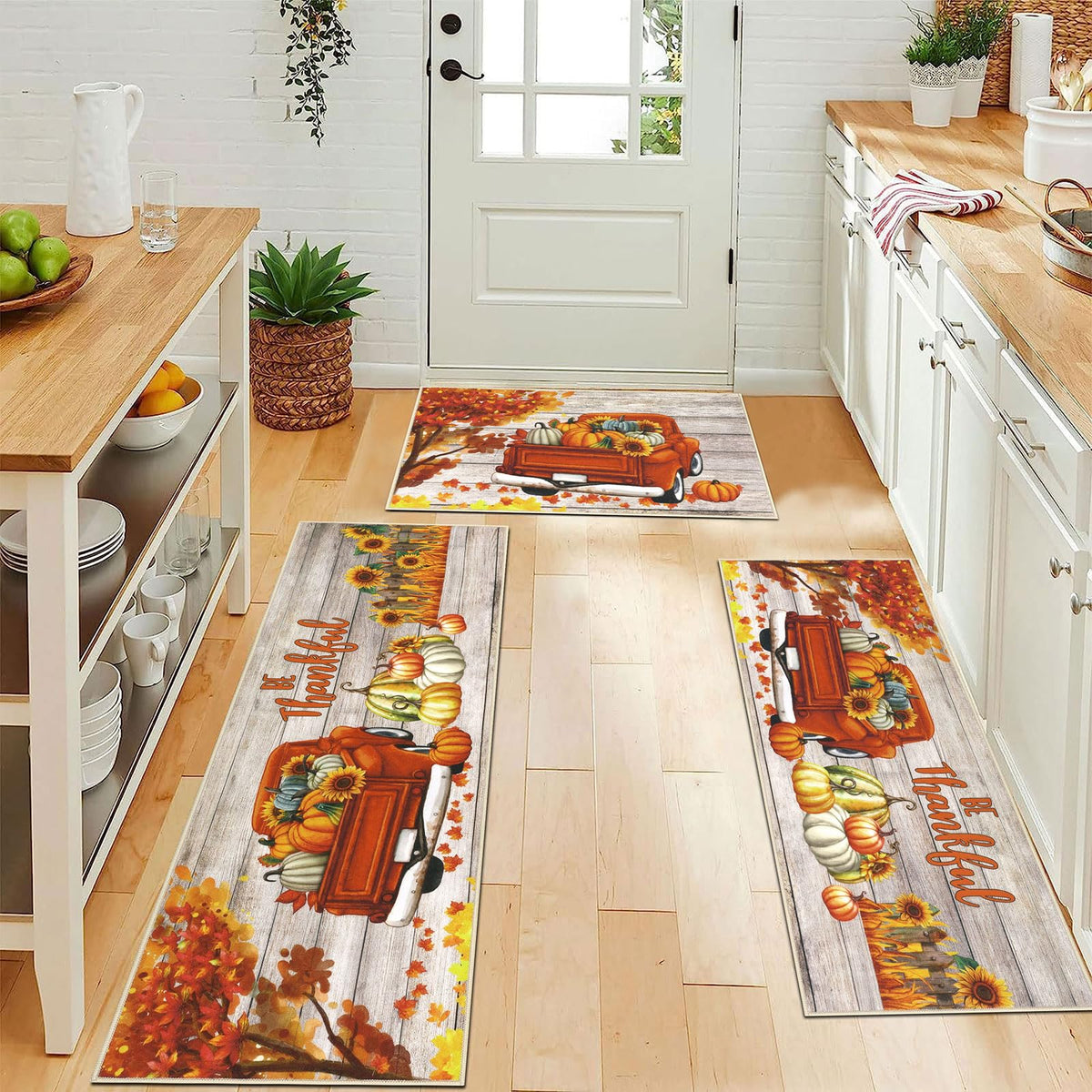 U'Artlines Fall Pumpkin Kitchen Rugs with Runner Sets 3 Piece,Washable