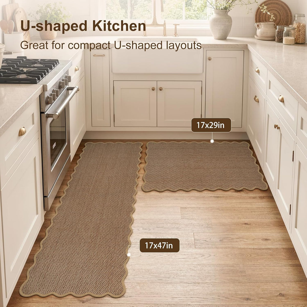 KIMODE Kitchen Rugs and Mats Set of 2 Scalloped Kitchen Mats for Floor