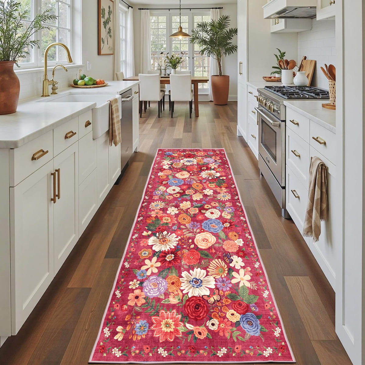 Washable Runner Rug 2x6 Beige Floral, Non Slip for Hallway, Kitchen