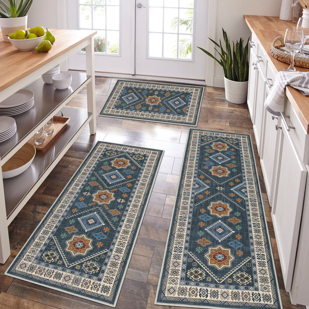 HEBE Boho Kitchen Rugs Set of 3, Non Slip Washable Kitchen Mats for Floor