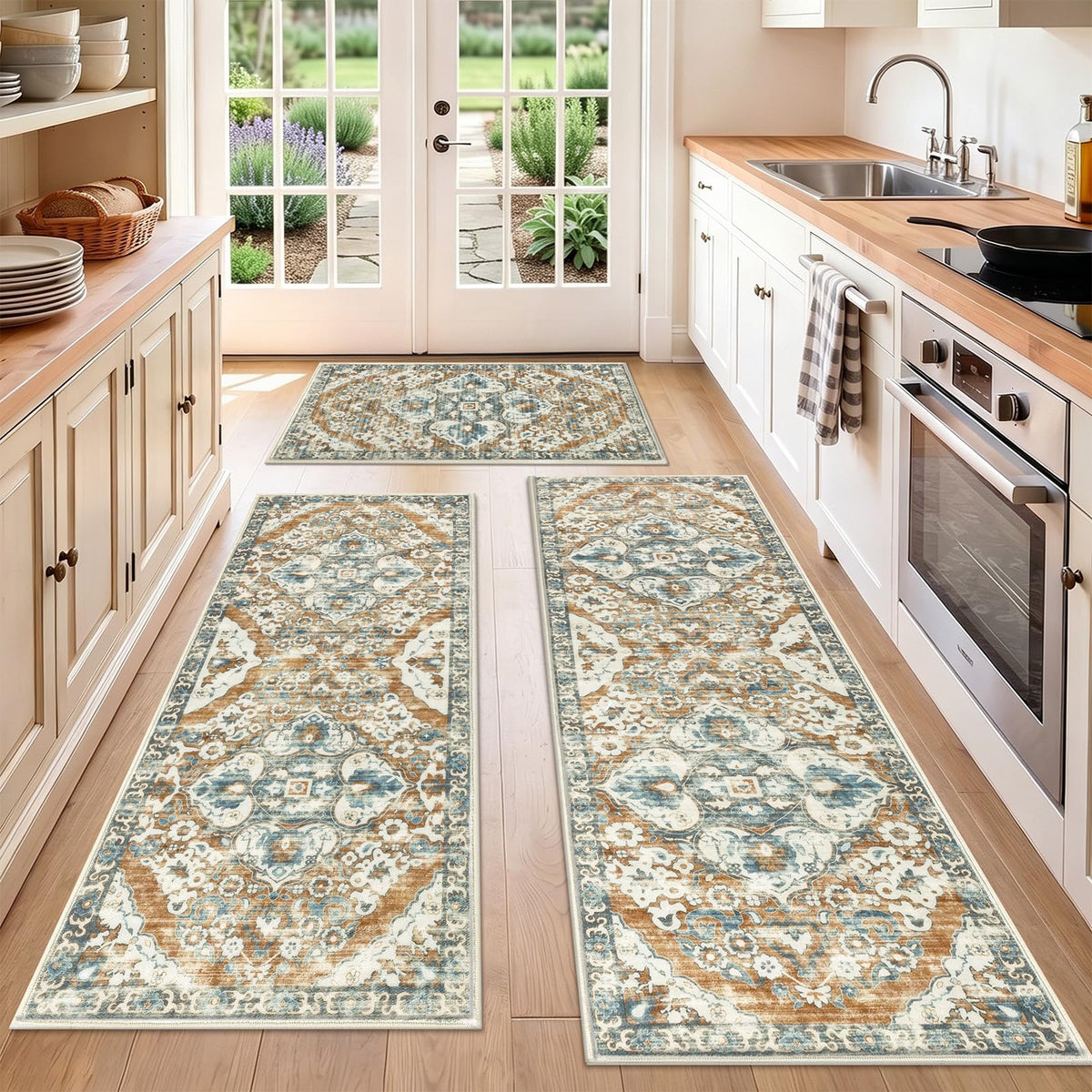 HEBE Boho Kitchen Rugs Set of 3, Non Slip Washable Kitchen Mats for Floor
