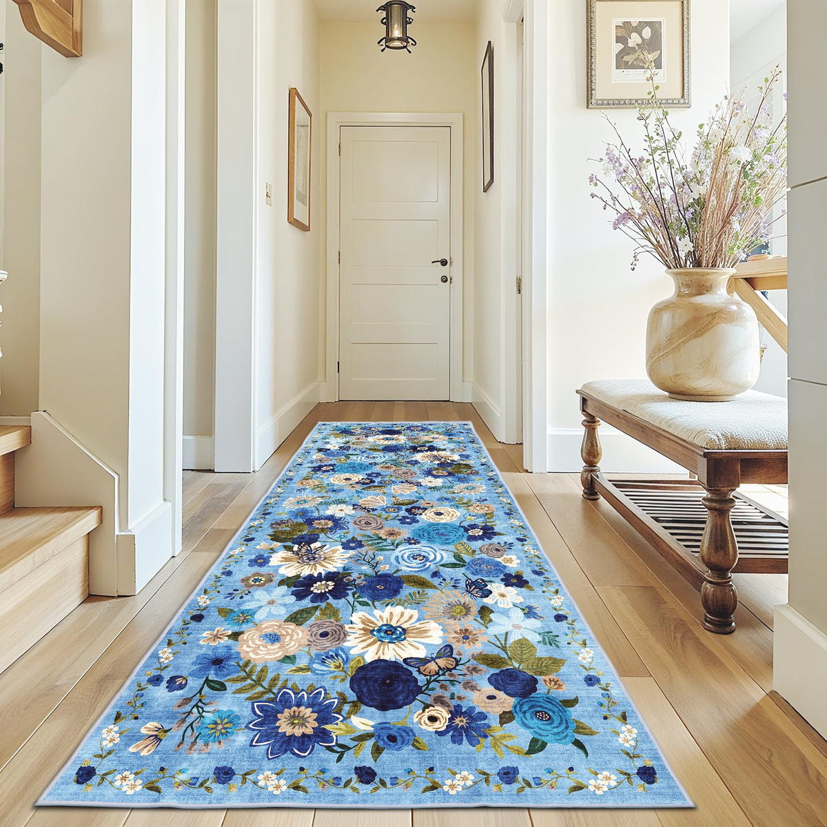 Washable Runner Rug 2x6 Beige Floral, Non Slip for Hallway, Kitchen