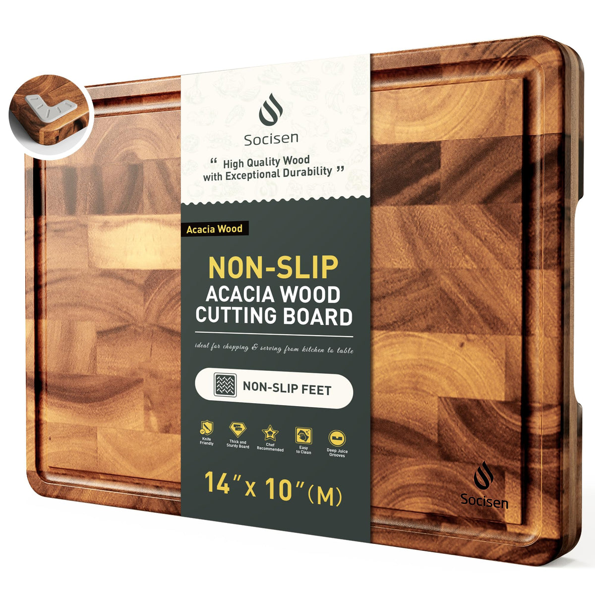 End Grain Cutting Board for Kitchen with Non-slip Feet, Acacia Wood