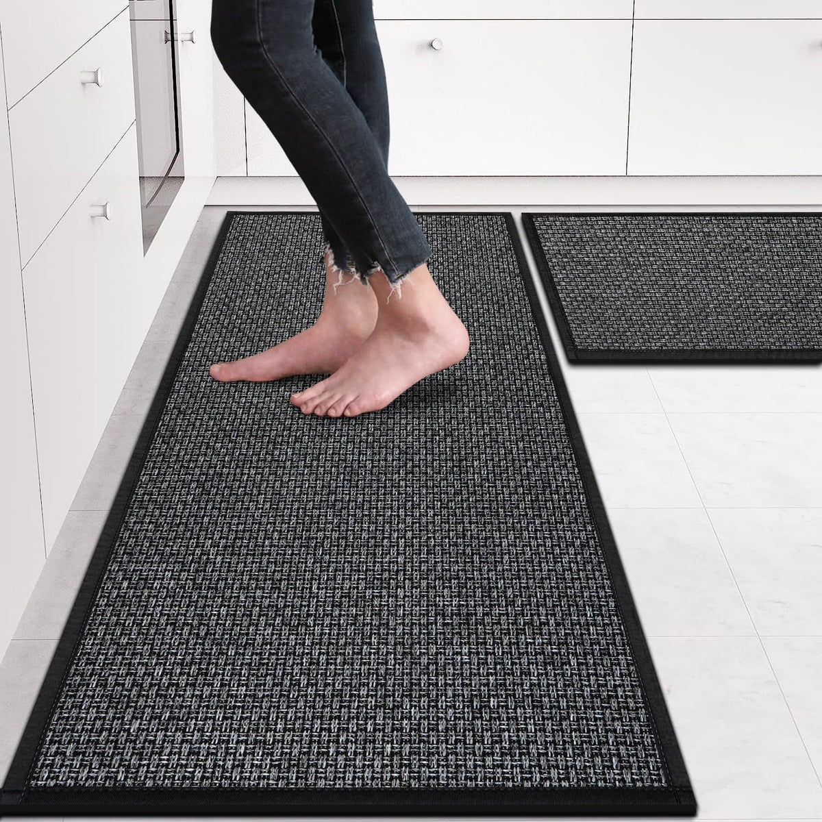 eqivei Kitchen Rugs Non Slip Washable 2-Piece Kitchen Mats for Floor, Black