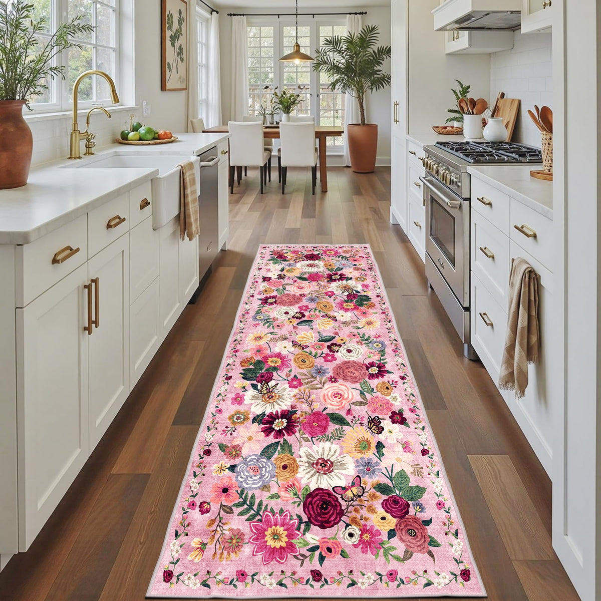 Washable Runner Rug 2x6 Beige Floral, Non Slip for Hallway, Kitchen
