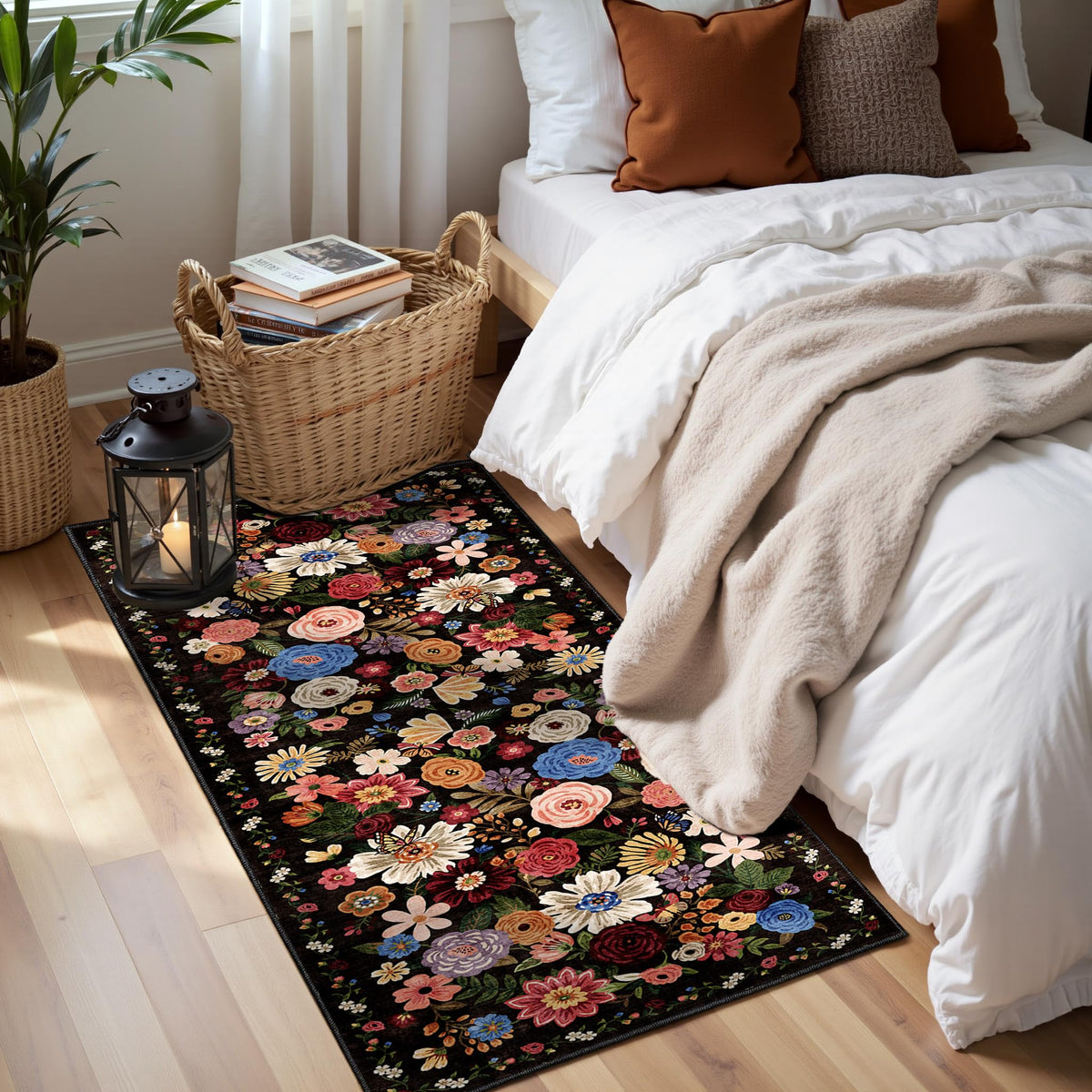 Washable Runner Rug 2x6 Beige Floral, Non Slip for Hallway, Kitchen