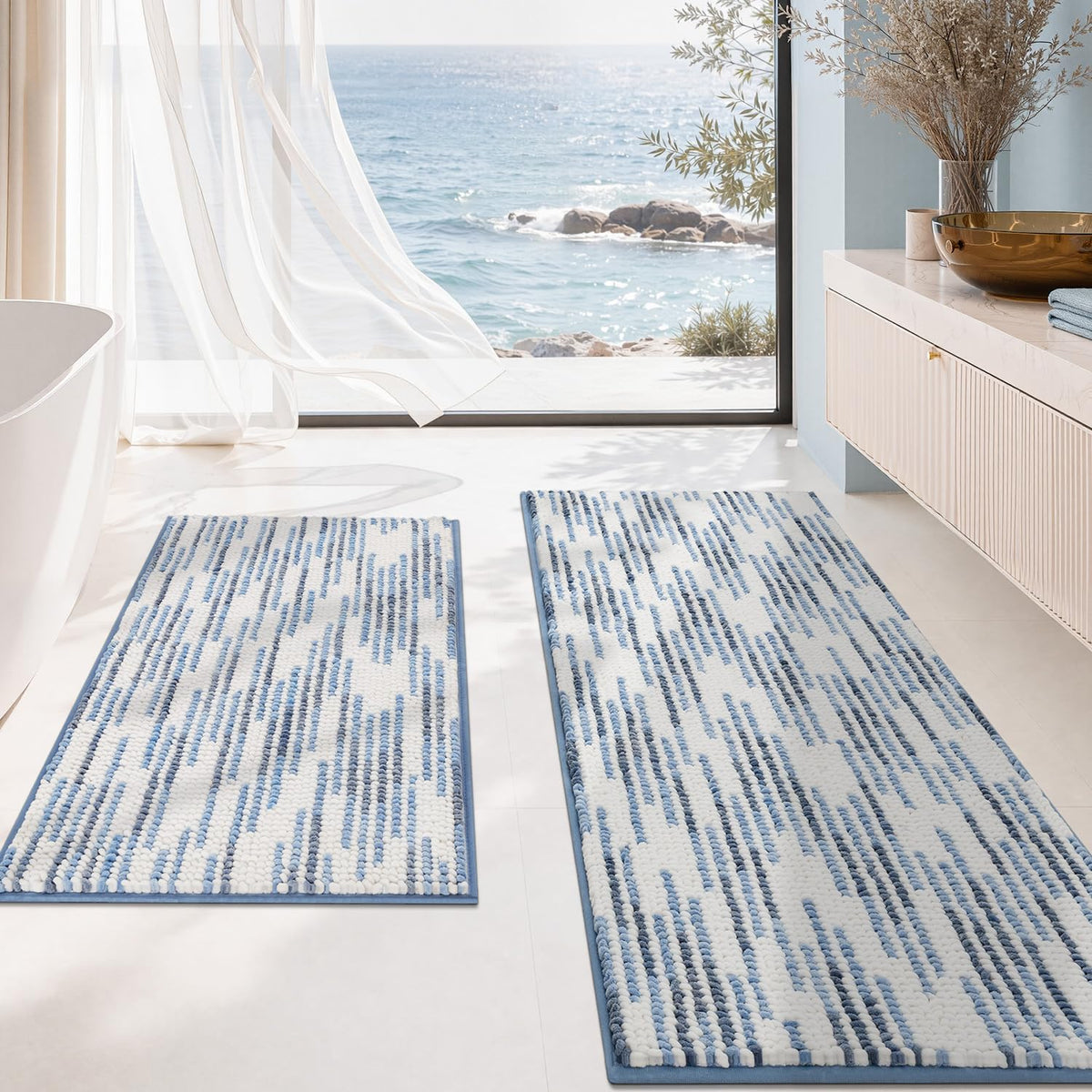 BSICPRO Bathroom Rugs Sets 2 Piece, Non Slip Boho Bath Mats, Beige