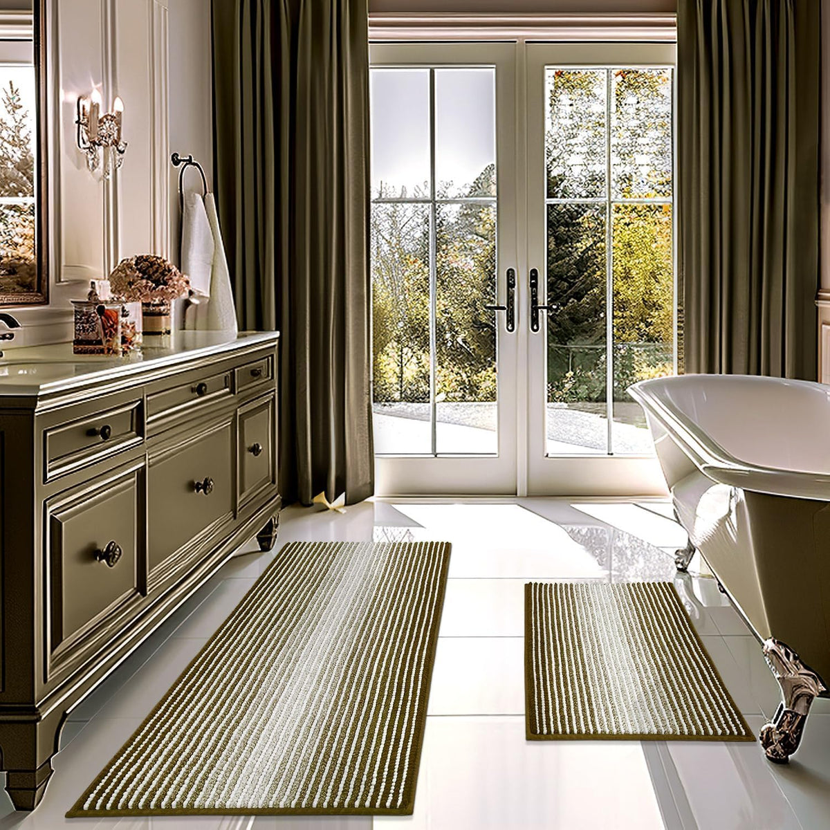 BSICPRO Bathroom Rugs Sets 2 Piece, Non Slip Boho Bath Mats, Beige