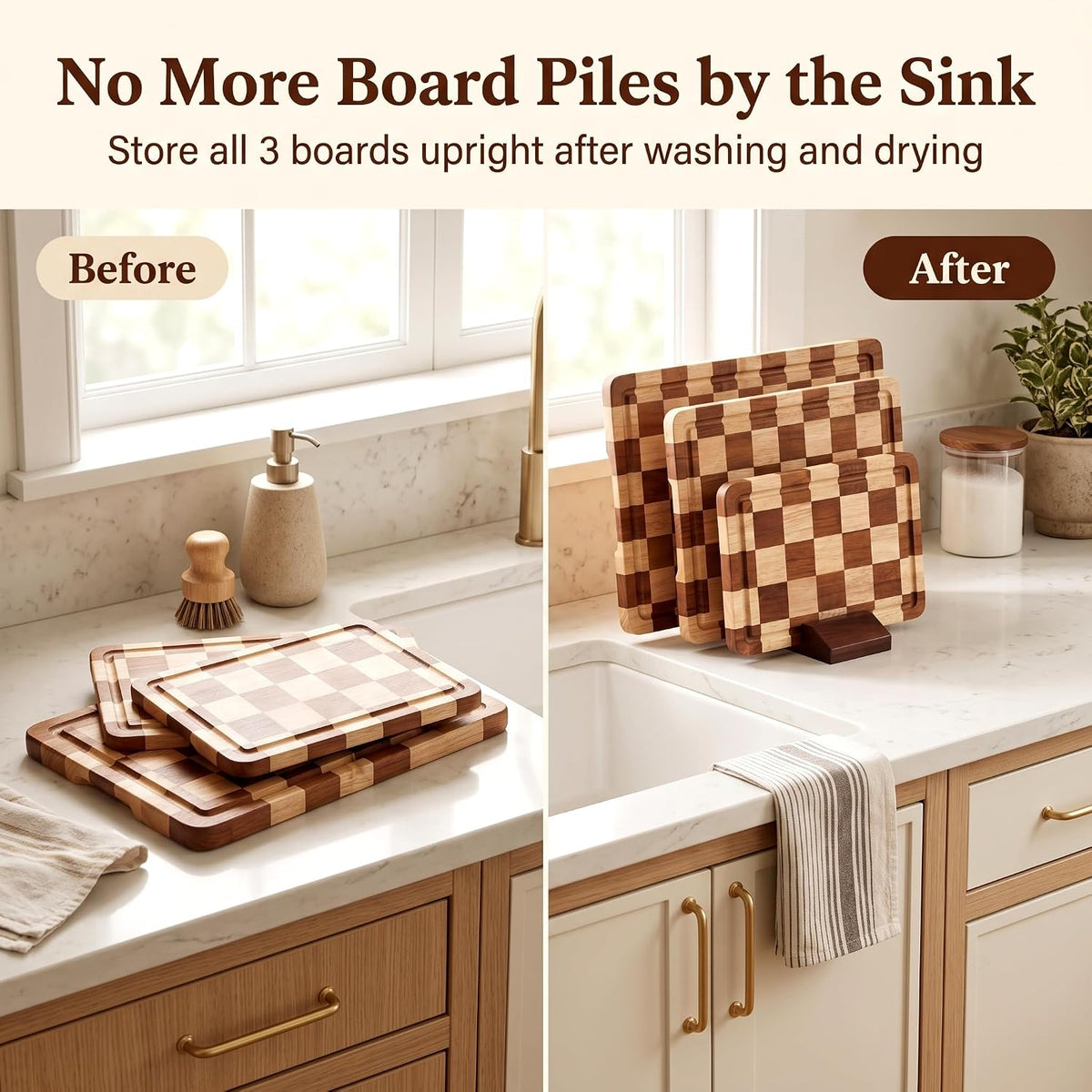 Checkered Oak Wood Cutting Board Set of 3, Cutting Boards for Kitchen