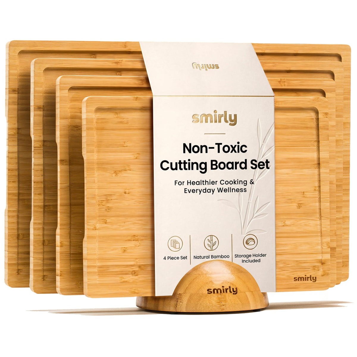 SMIRLY Cutting Boards for Kitchen, 3 Piece Bamboo Cutting Board with Stand