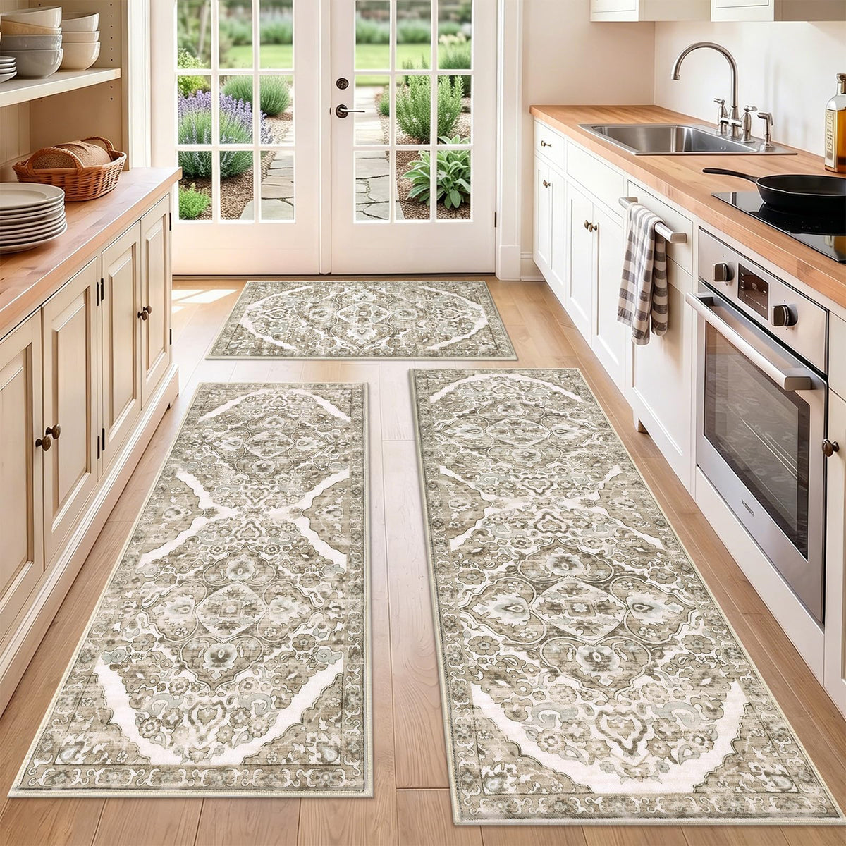 HEBE Boho Kitchen Rugs Set of 3, Non Slip Washable Kitchen Mats for Floor