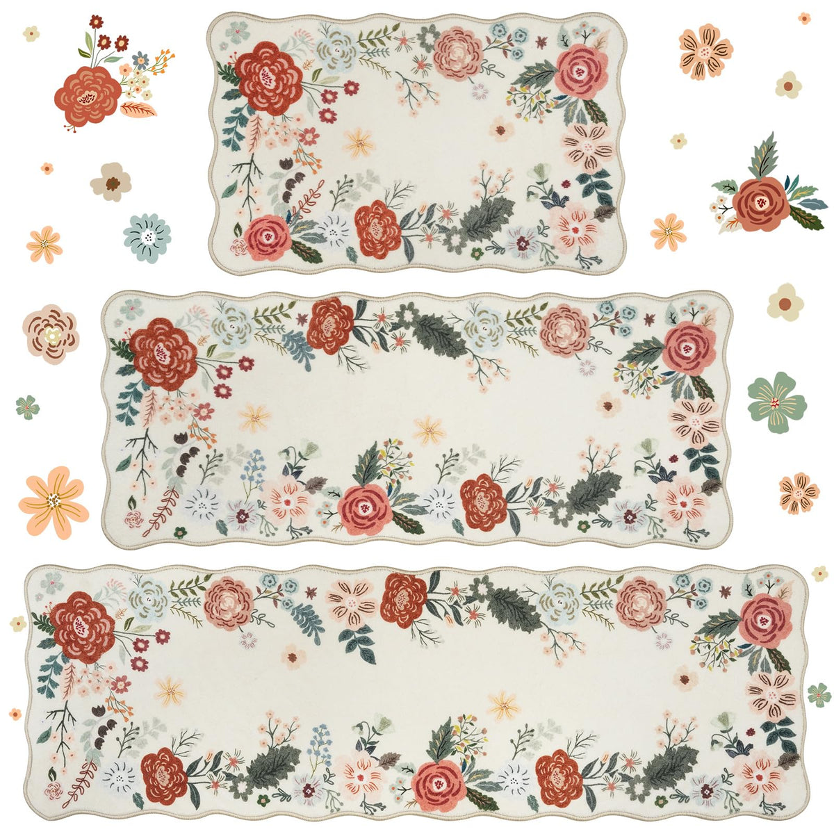 Homcomoda Floral Kitchen Rugs Mats for Floor 3PC, Farmhouse Non Slip Kitchen Rug Runner, Washable Non Skid Kitchen Rugs, Comfort Standing Mat for Laundry, Desk, Bar, Office