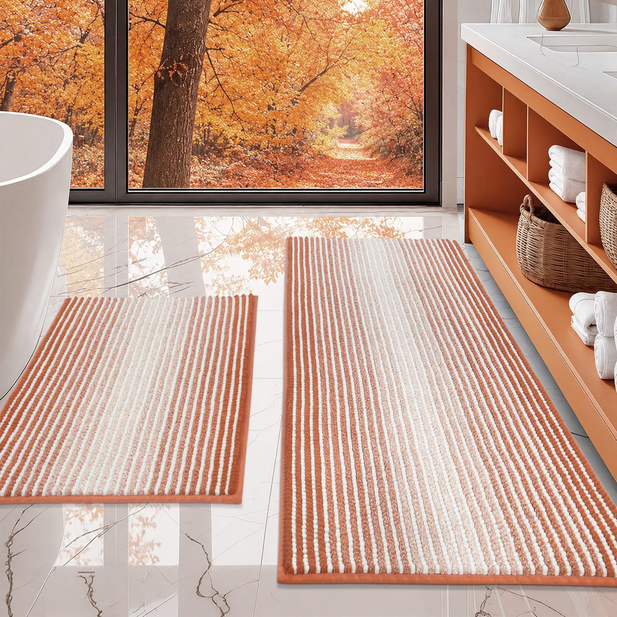 BSICPRO Bathroom Rugs Sets 2 Piece, Non Slip Boho Bath Mats, Beige