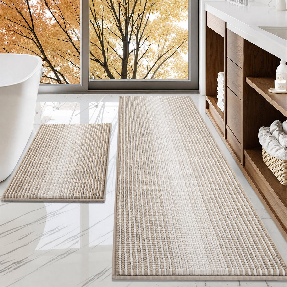 BSICPRO Bathroom Rugs Sets 2 Piece, Non Slip Boho Bath Mats, Beige
