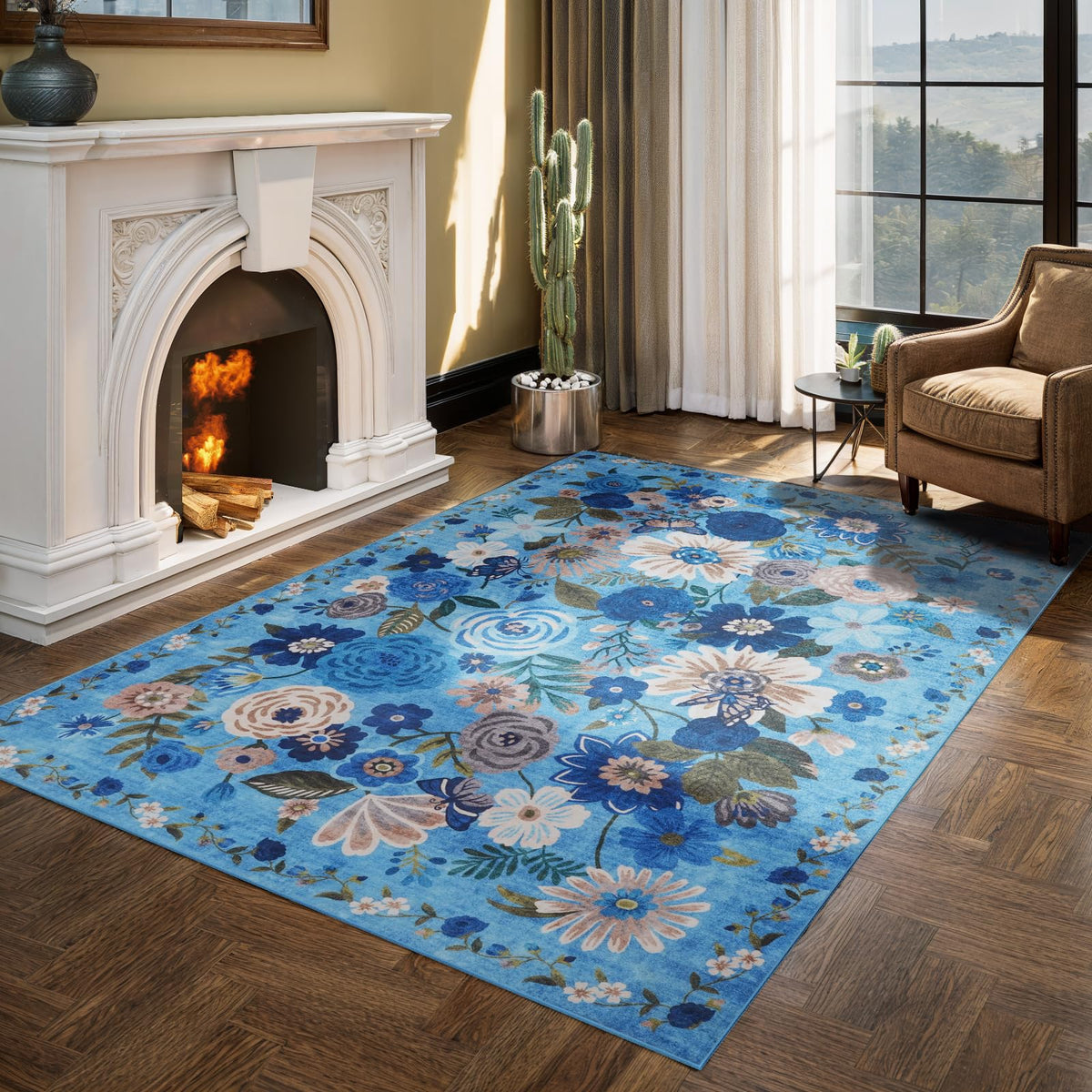 Washable Runner Rug 2x6 Beige Floral, Non Slip for Hallway, Kitchen