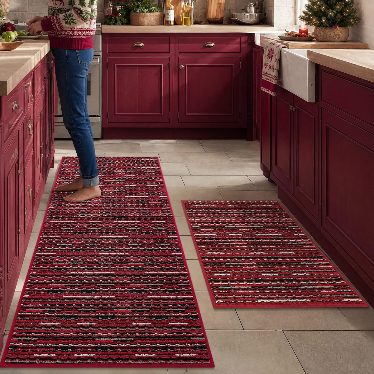 BSICPRO Kitchen Rugs Sets of 2, Non Slip Kitchen Mats for Floor, Black