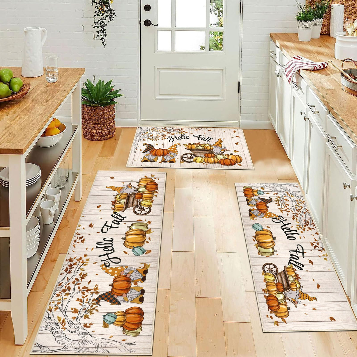 U'Artlines Fall Pumpkin Kitchen Rugs with Runner Sets 3 Piece,Washable