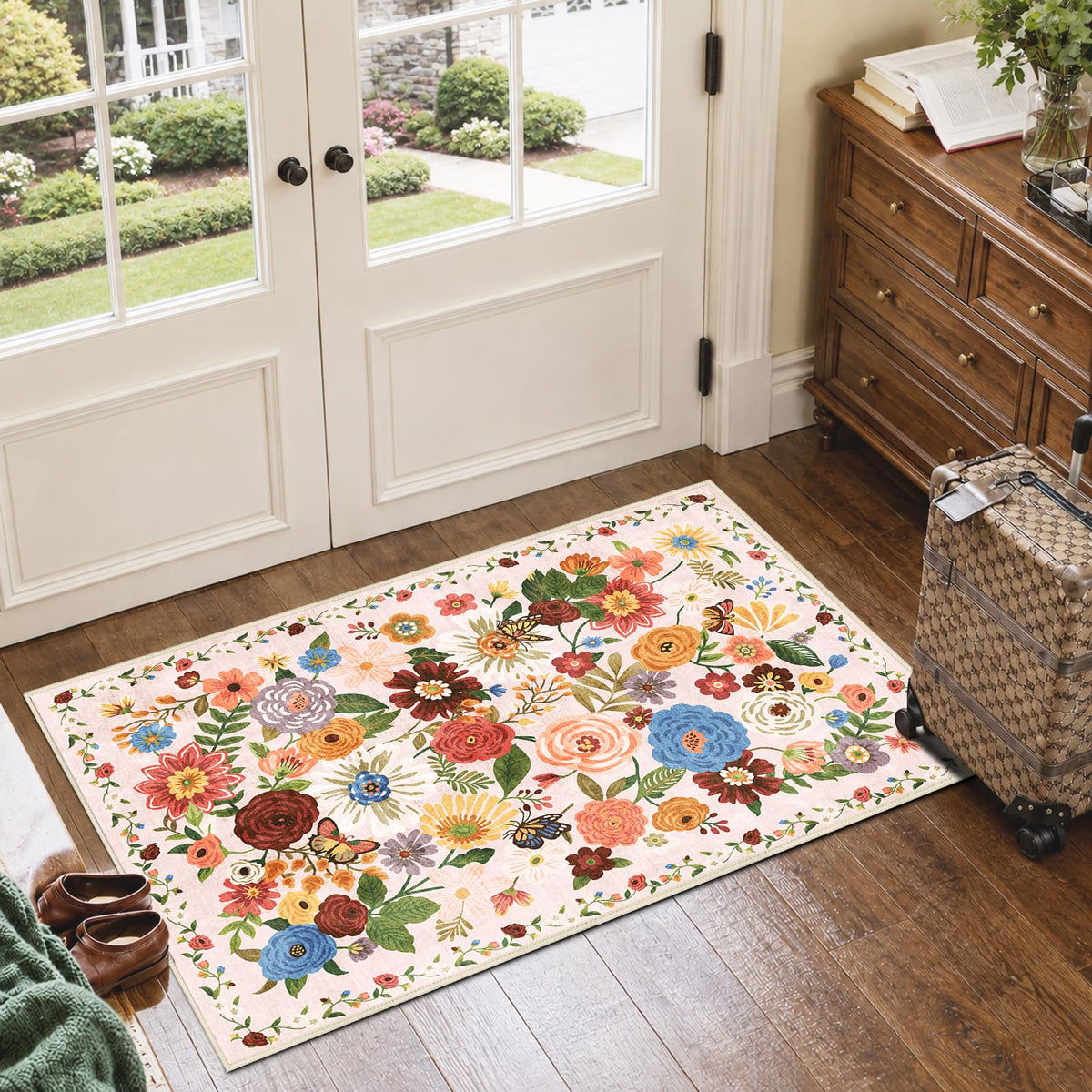 Washable Runner Rug 2x6 Beige Floral, Non Slip for Hallway, Kitchen