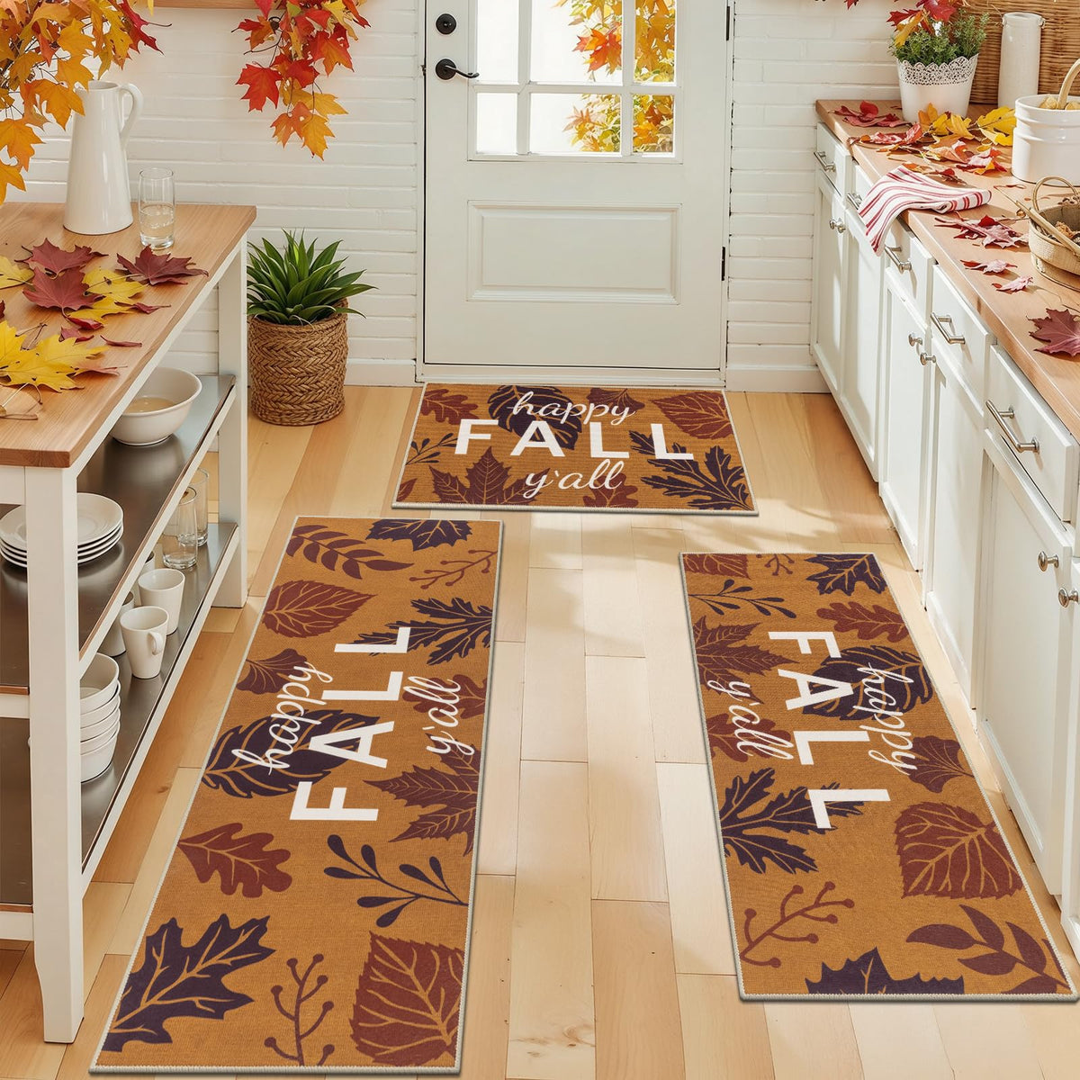 U'Artlines Fall Pumpkin Kitchen Rugs with Runner Sets 3 Piece,Washable