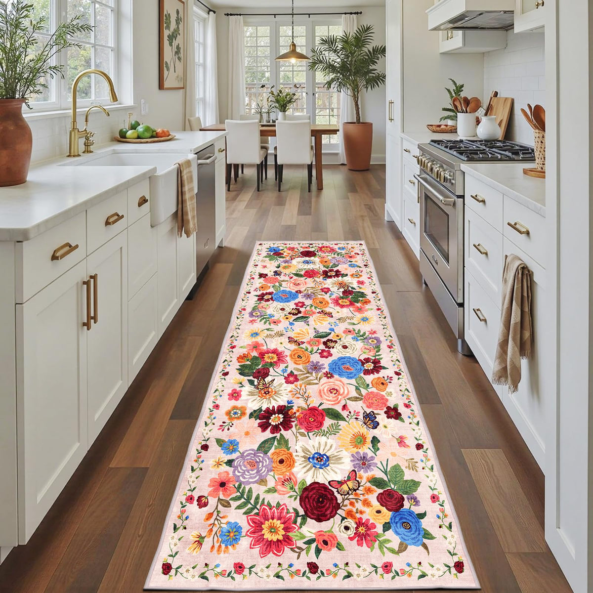 Washable Runner Rug 2x6 Beige Floral, Non Slip for Hallway, Kitchen