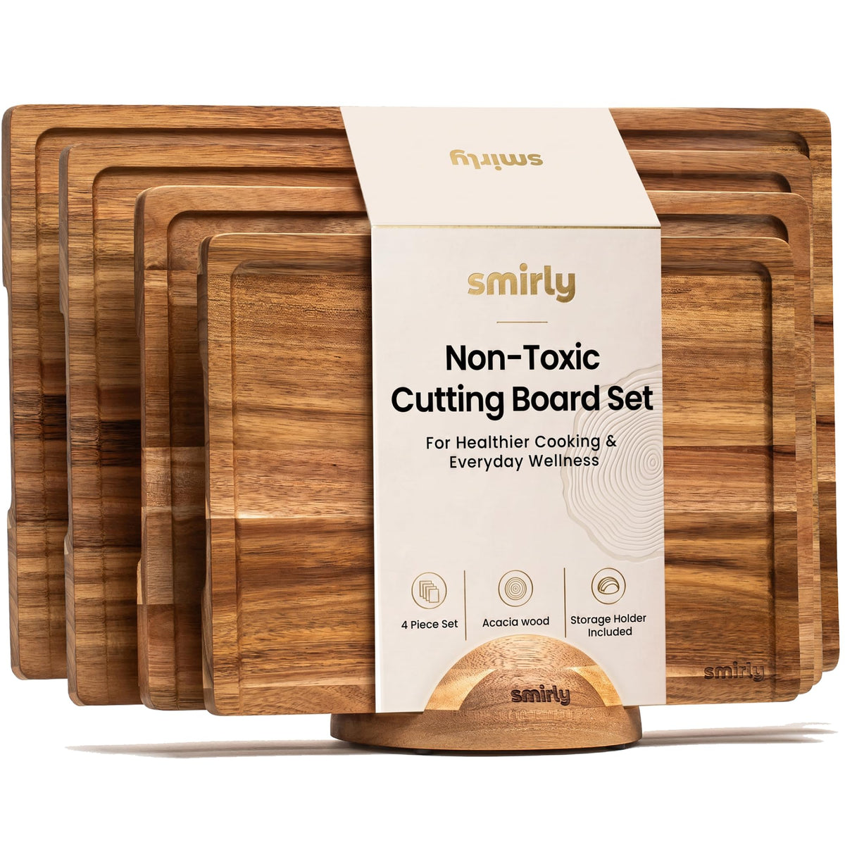 SMIRLY Cutting Boards for Kitchen, 3 Piece Bamboo Cutting Board with Stand