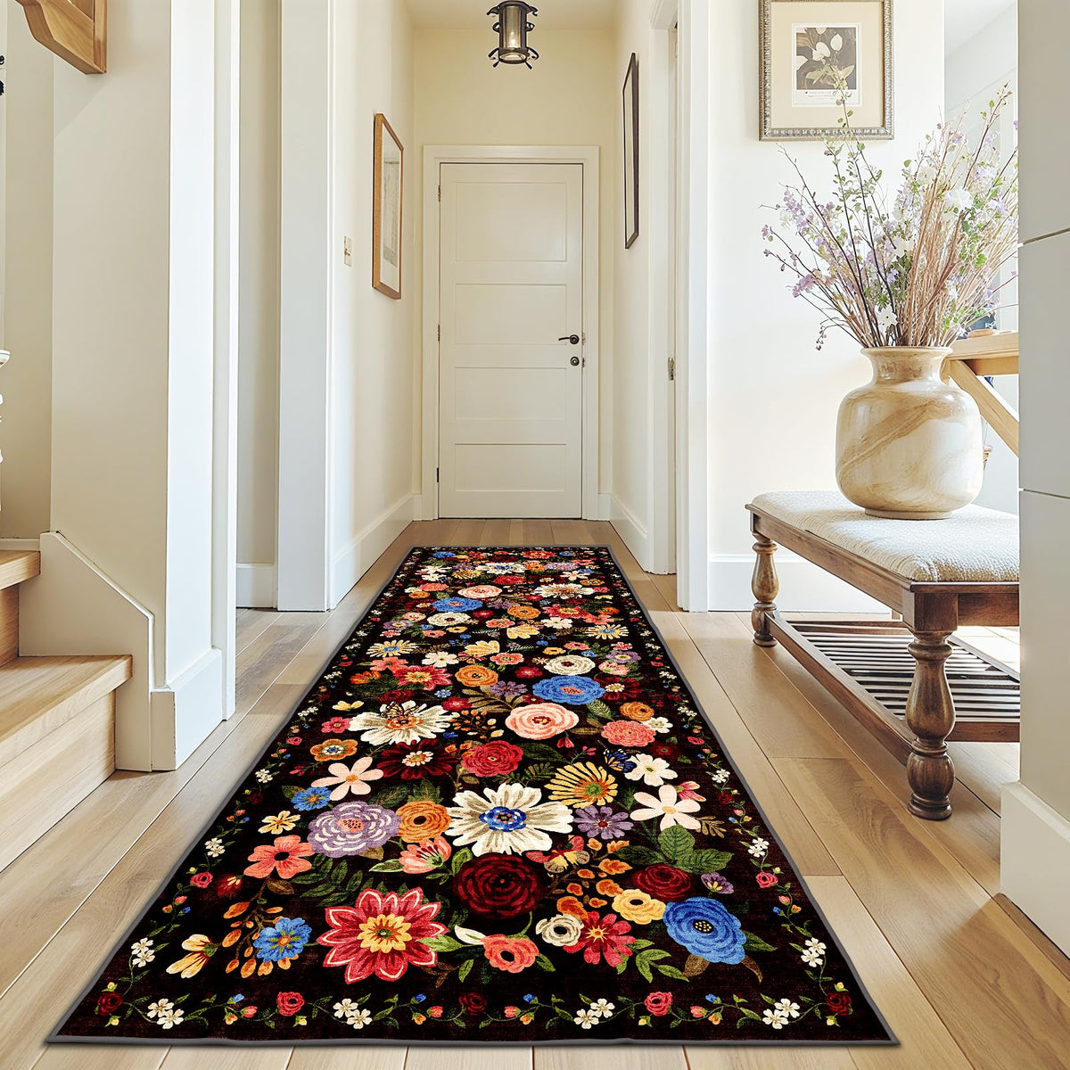Washable Runner Rug 2x6 Beige Floral, Non Slip for Hallway, Kitchen