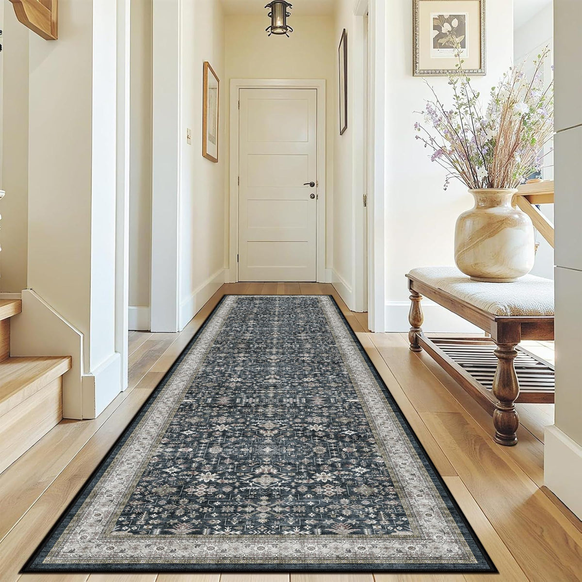 Washable Runner Rug 2x6 Beige Floral, Non Slip for Hallway, Kitchen