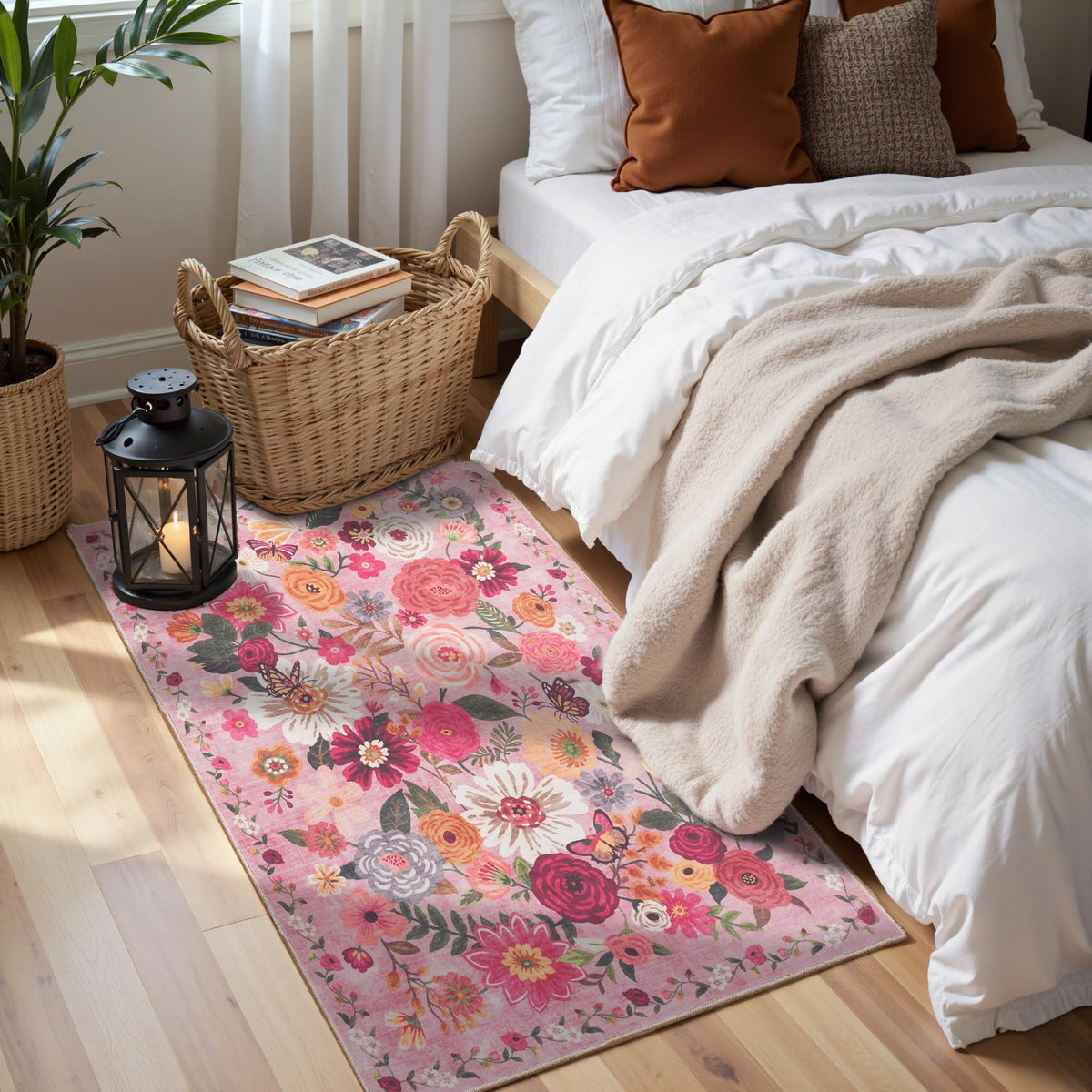 Washable Runner Rug 2x6 Beige Floral, Non Slip for Hallway, Kitchen