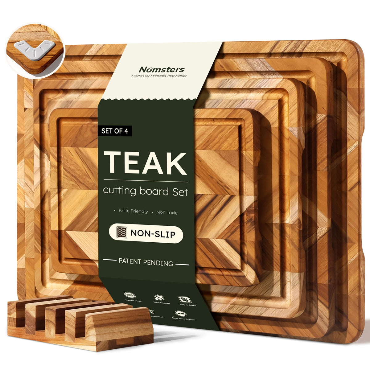 Teak Cutting Boards for Kitchen 3 Pack Herringbone Wooden Wood Board Holder