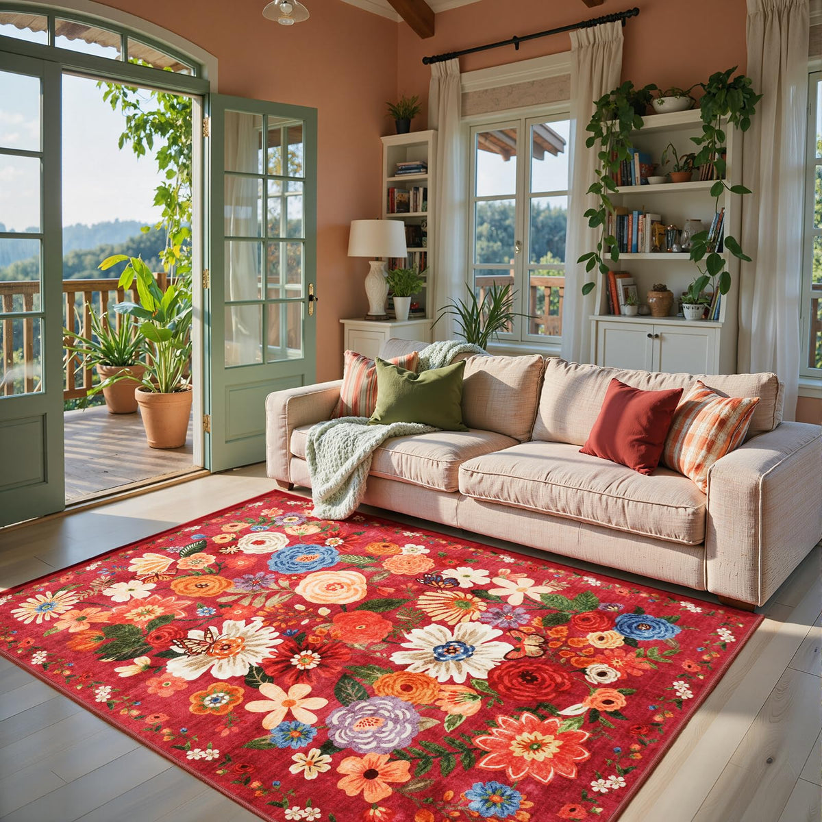 Washable Runner Rug 2x6 Beige Floral, Non Slip for Hallway, Kitchen