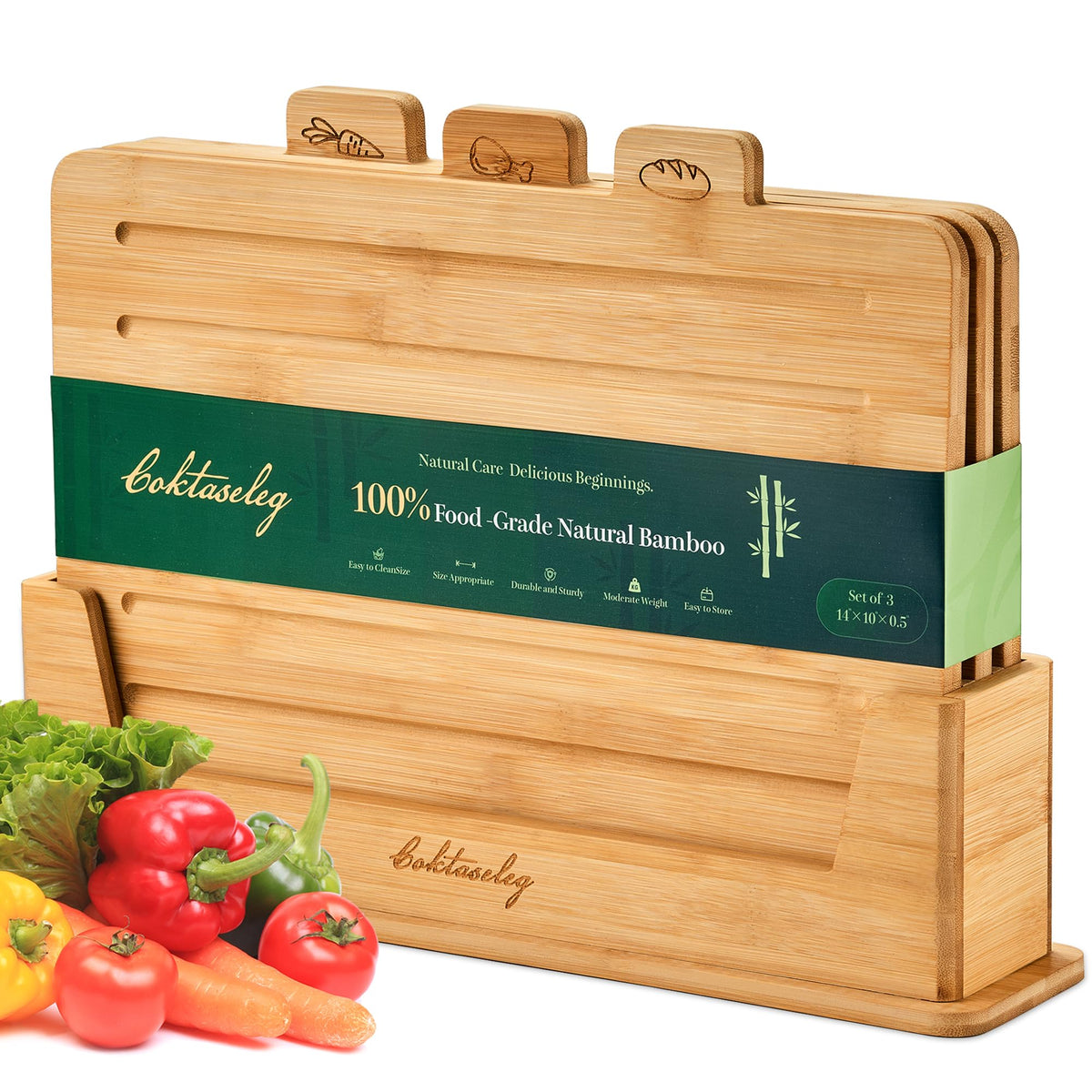Bamboo Cutting Boards for Kitchen, Wooden Set of 3 with Holder