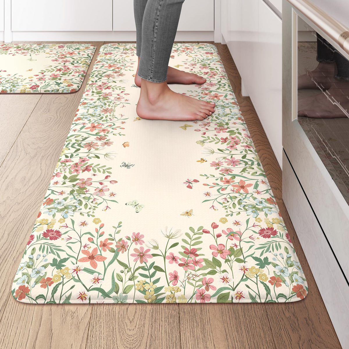 KIMODE Anti Fatigue Kitchen Mats for Floor, Boho Floral Kitchen Rugs Sets