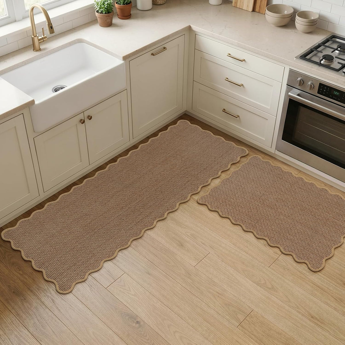 KIMODE Kitchen Rugs and Mats Set of 2 Scalloped Kitchen Mats for Floor